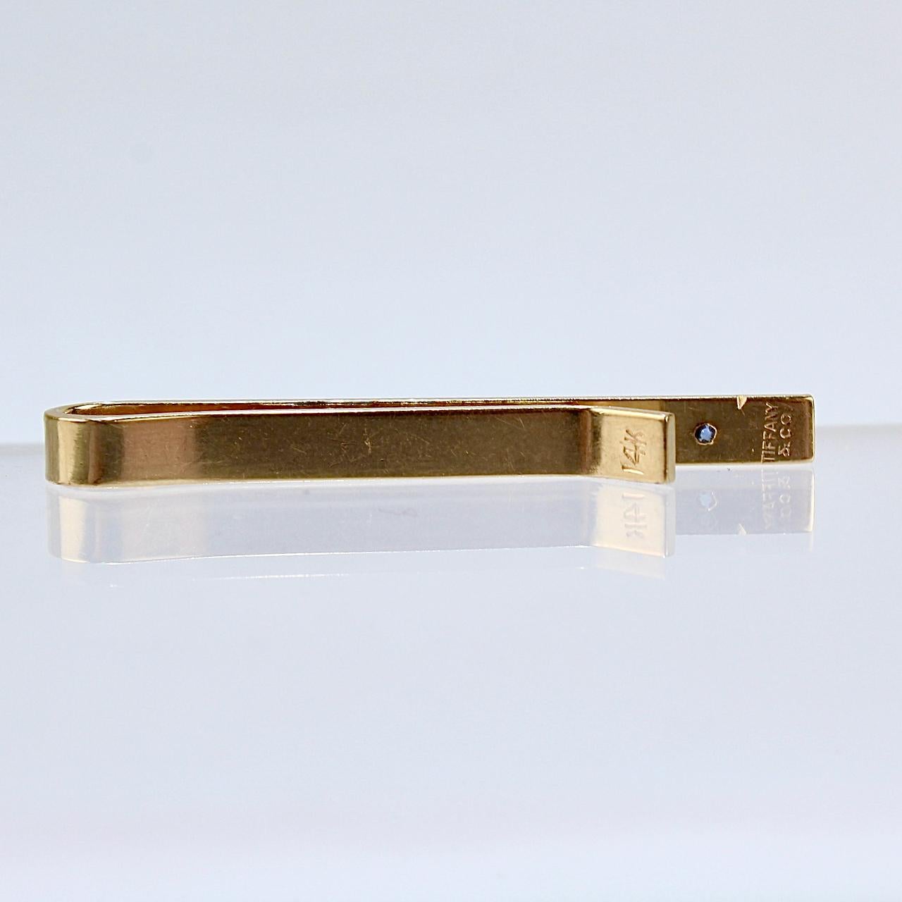 Tiffany & Co. 14 Karat Gold and Sapphire Modern Tie Clip or Tie Bar In Good Condition In Philadelphia, PA