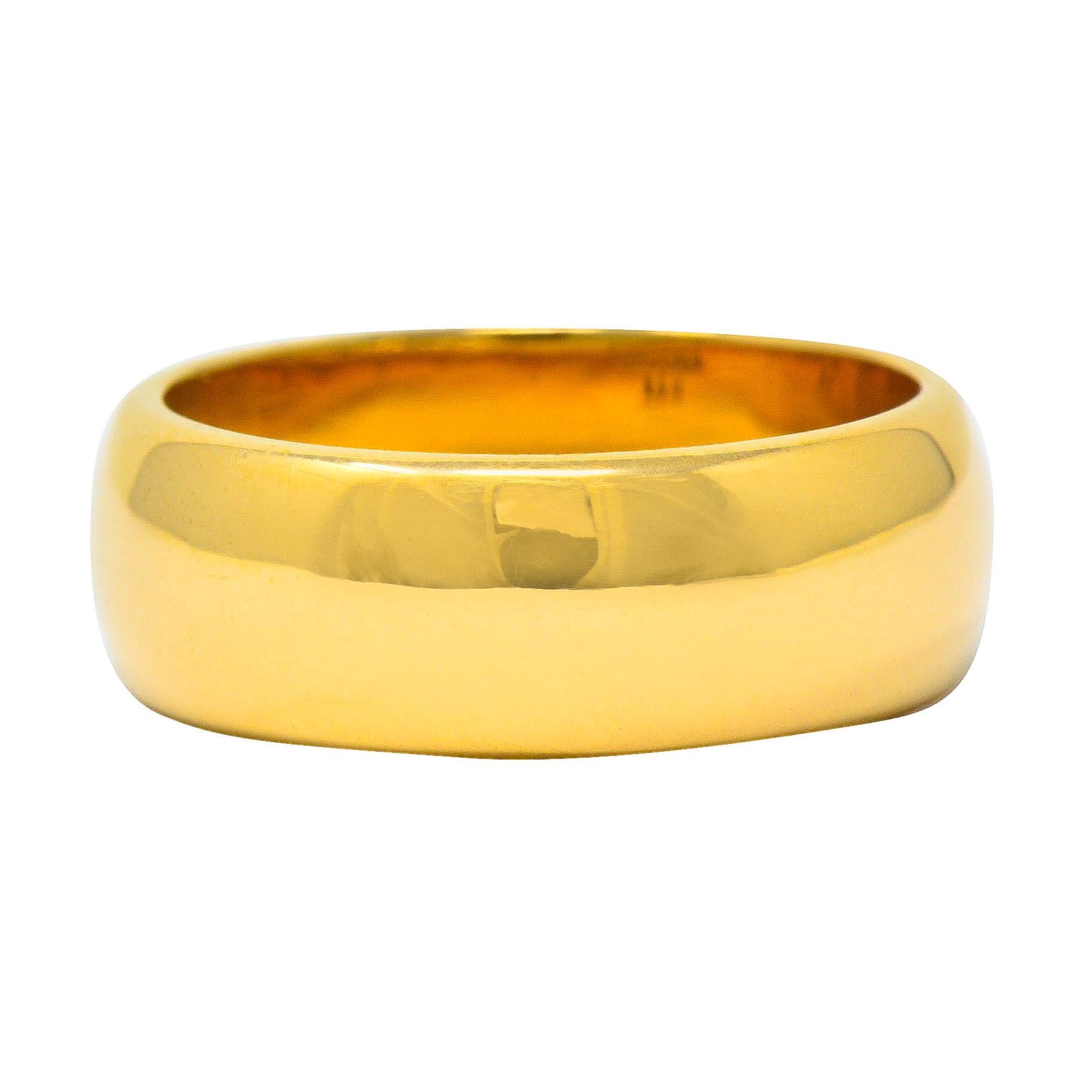 Wide band ring features a rounded curvature and a gleaming polish

Stamped 14K for 14 karat gold

Fully signed Tiffany & Co.

Ring Size: 6 & sizable

Measures: 6.8 mm wide and sits 1.7 mm high

Total weight: 7.4 grams

Classic. Shining. Vow.
