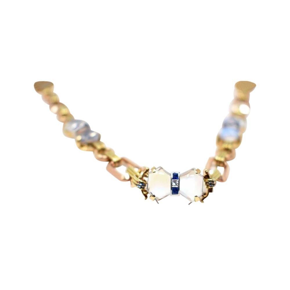 Women's or Men's Tiffany & Co. 14 Karat Rose and White Gold Moonstone Sapphire Diamond Necklace