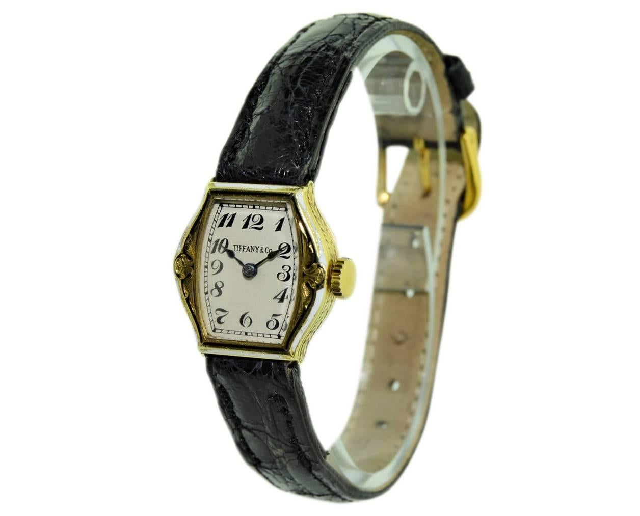 Tiffany & Co. 14 Karat Yellow Gold Art Deco and Enamel Wristwatch, circa 1930s In Excellent Condition In Long Beach, CA