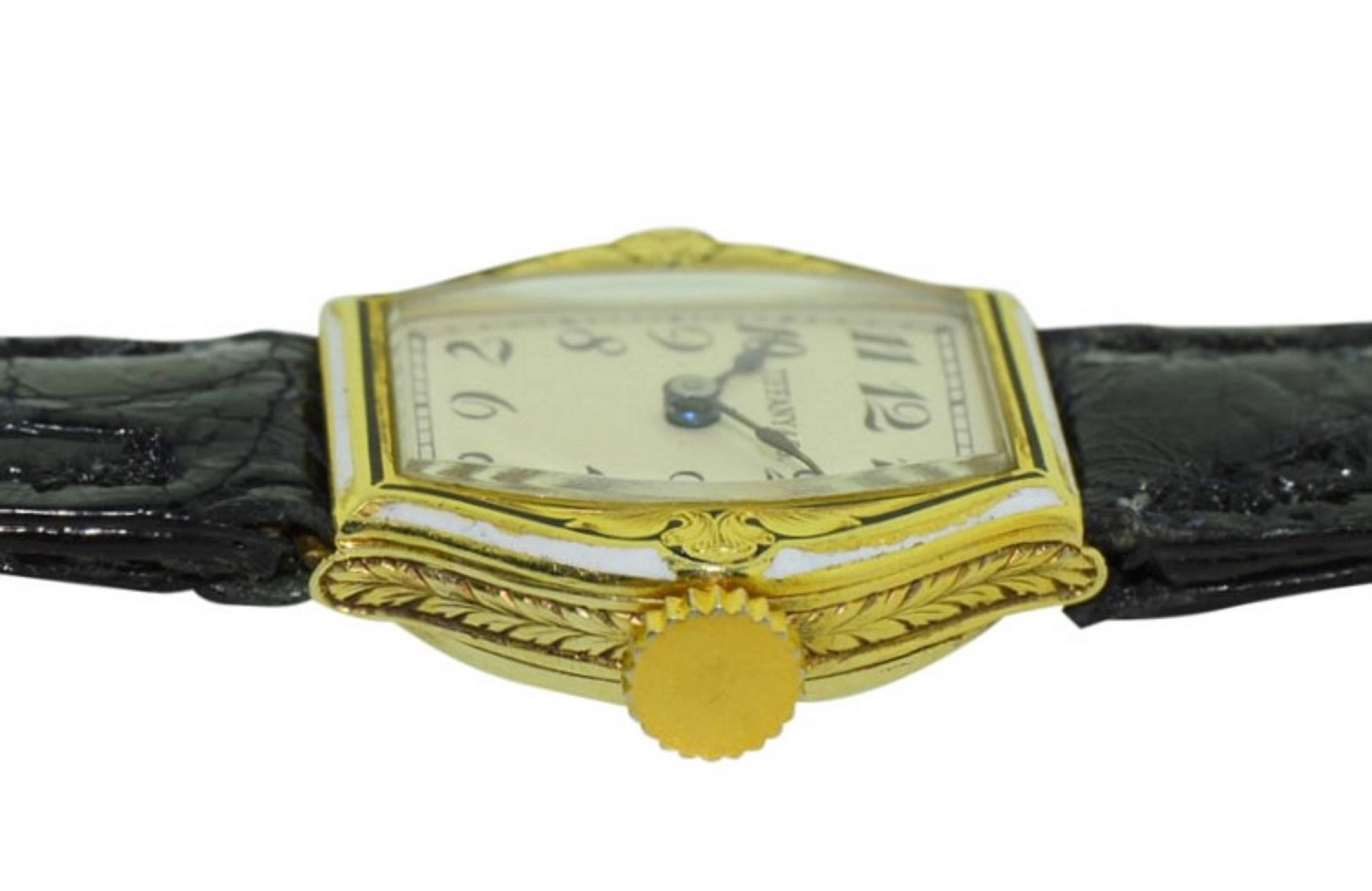 Tiffany & Co. 14 Karat Yellow Gold Art Deco and Enamel Wristwatch, circa 1930s 1