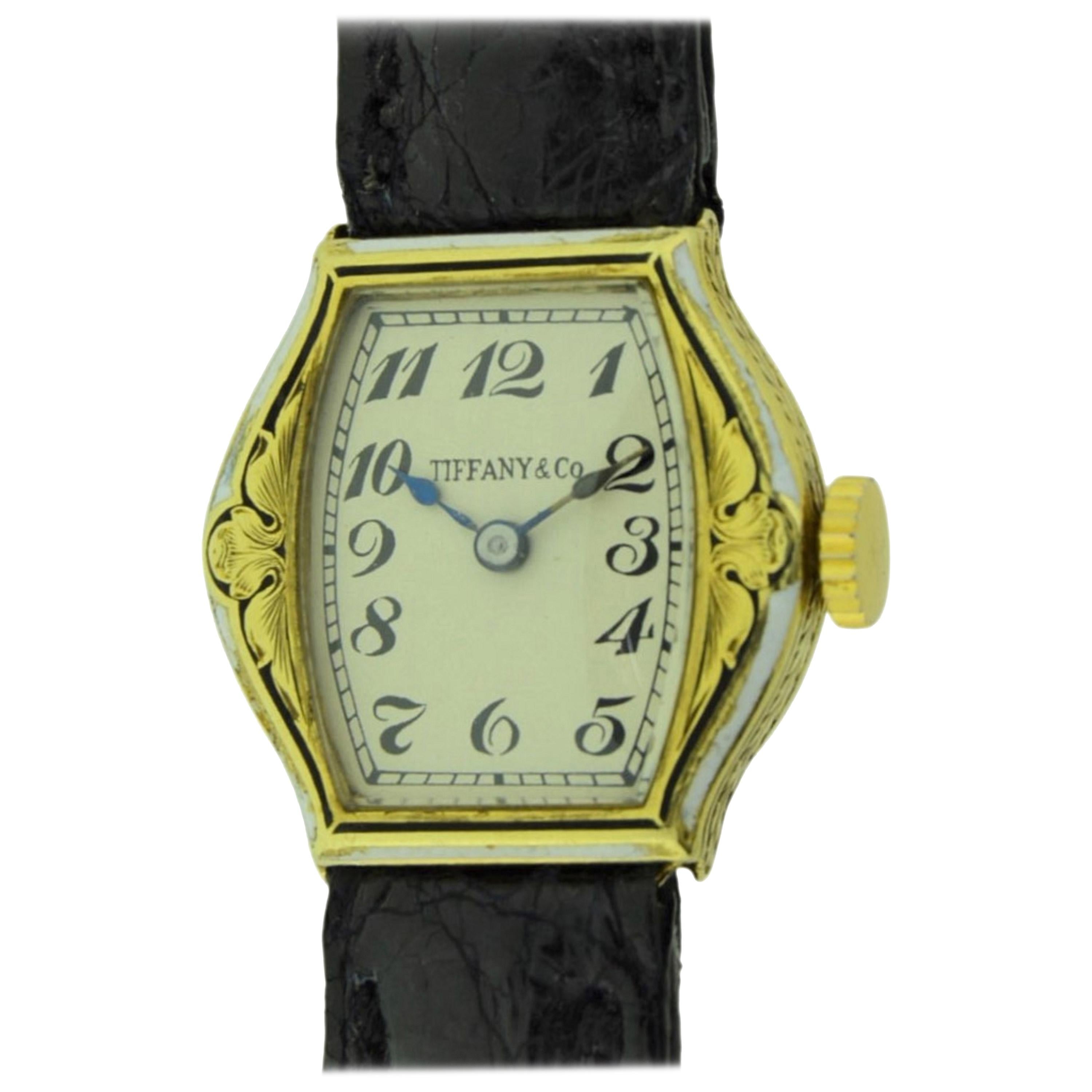Tiffany & Co. 14 Karat Yellow Gold Art Deco and Enamel Wristwatch, circa 1930s