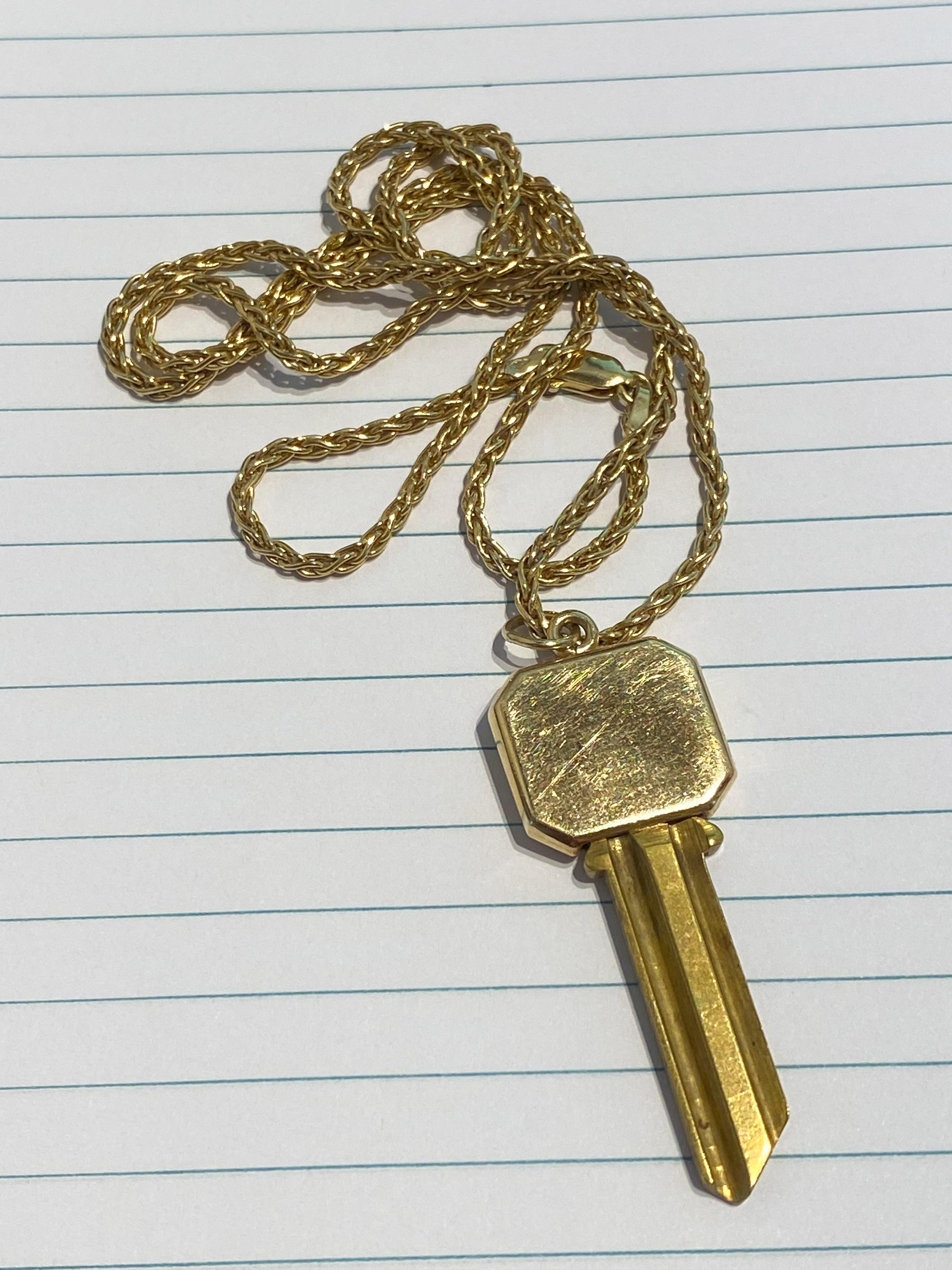 Contemporary Tiffany & Co 14 Karat Yellow Gold & Brass Blank Key Pendant with Chain For Sale