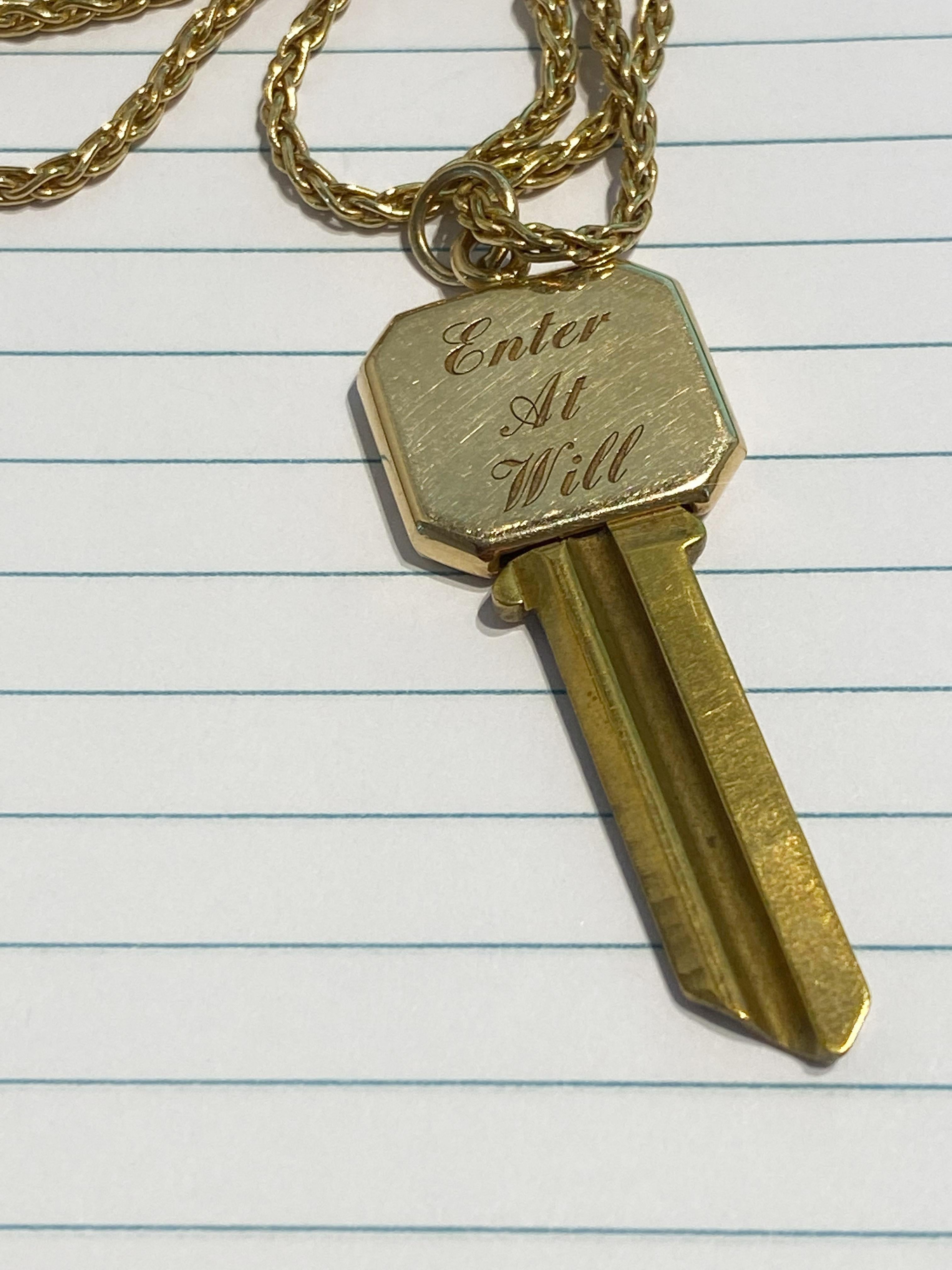 Tiffany & Co 14 Karat Yellow Gold & Brass Blank Key Pendant with Chain In Good Condition For Sale In QLD , AU