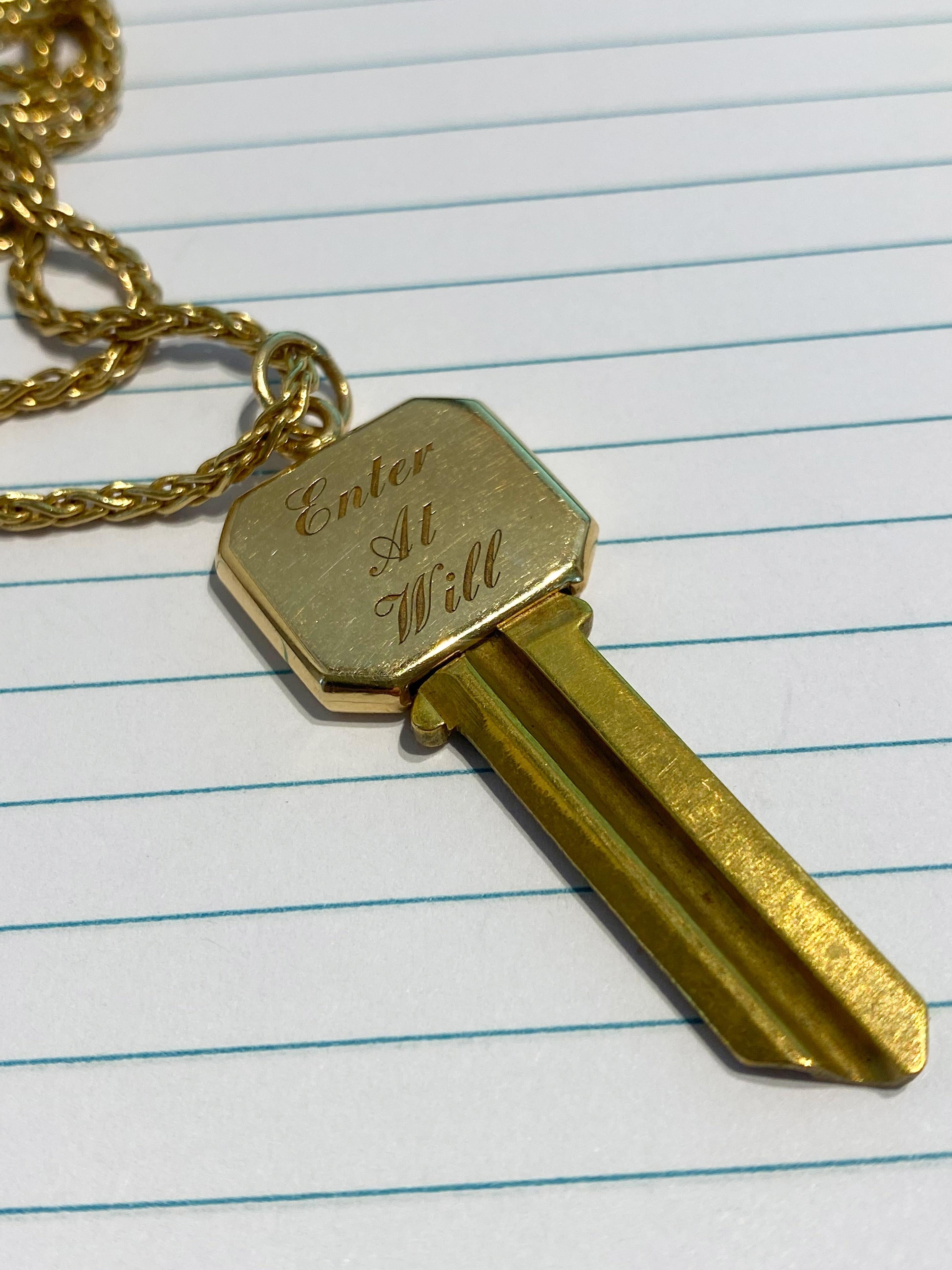 Women's or Men's Tiffany & Co 14 Karat Yellow Gold & Brass Blank Key Pendant with Chain For Sale