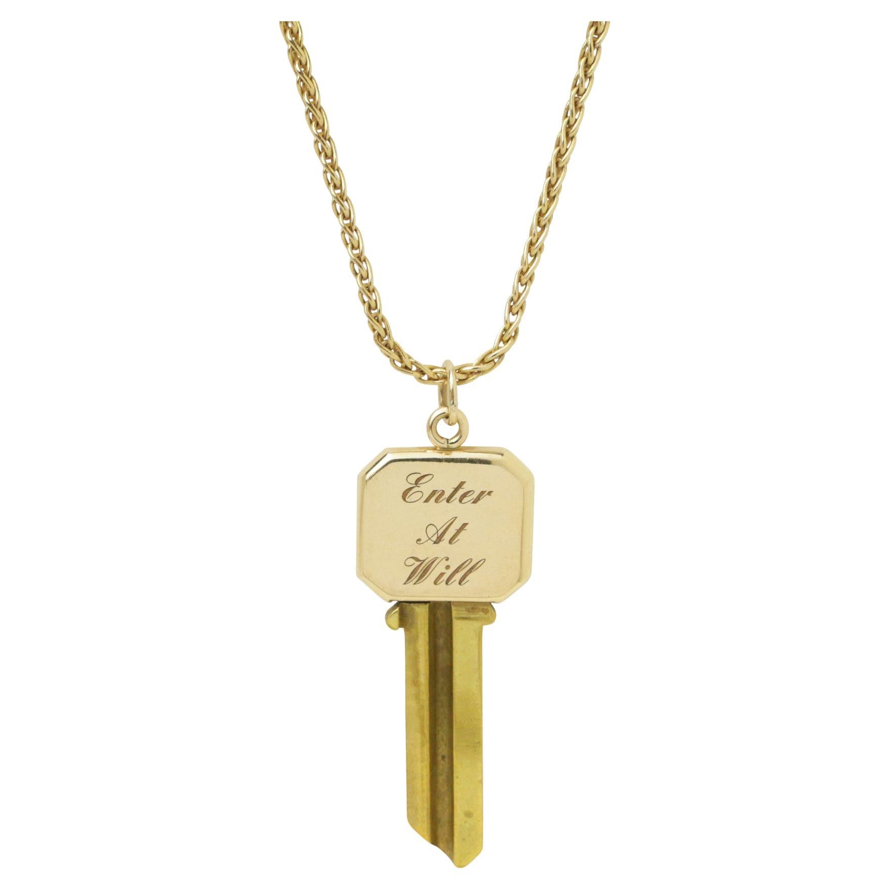 Tiffany & Co 14 Karat Yellow Gold & Brass Blank Key Pendant with Chain For Sale