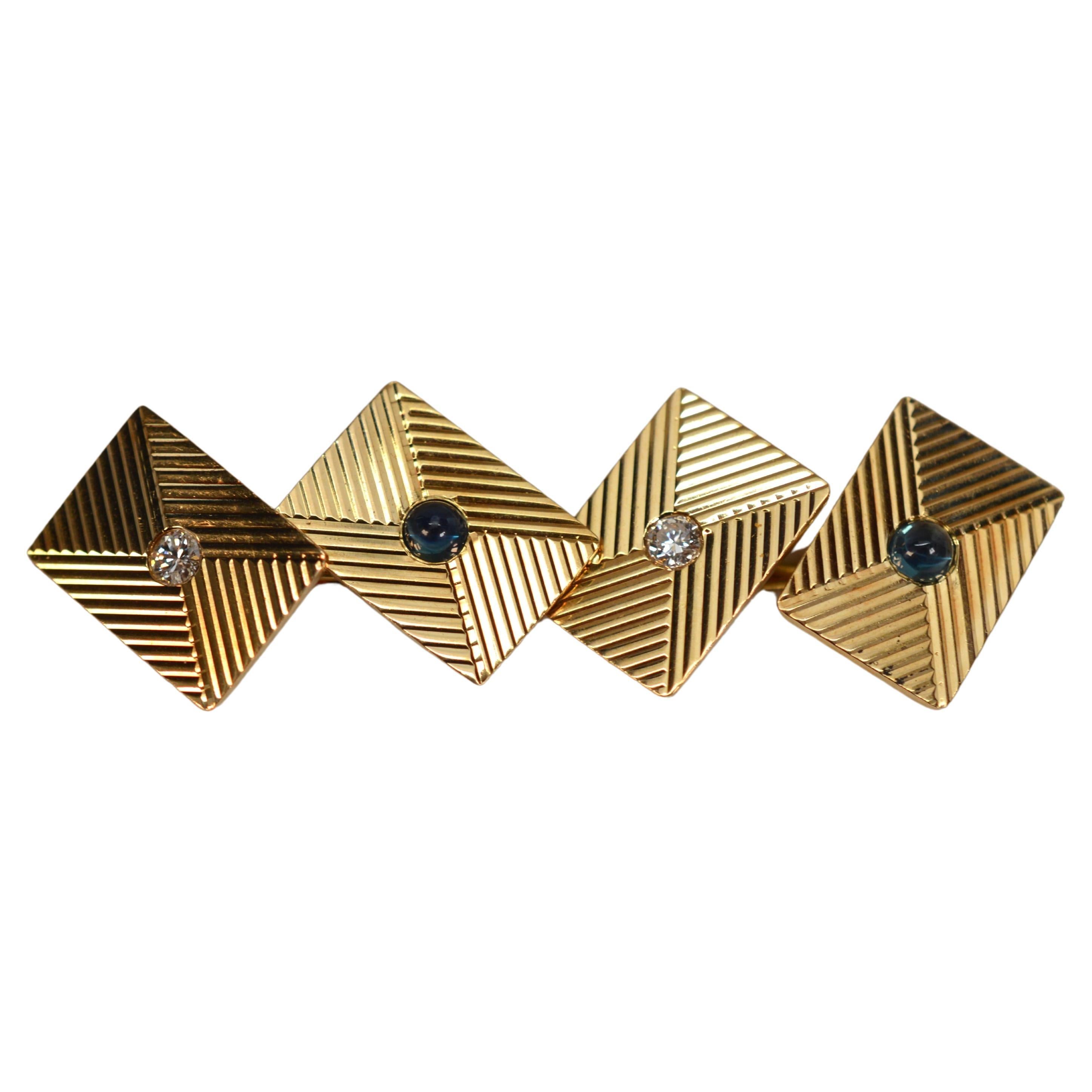 Tiffany & Co. 14 Karat Yellow Gold Cufflinks w Diamond and Sapphire Accents