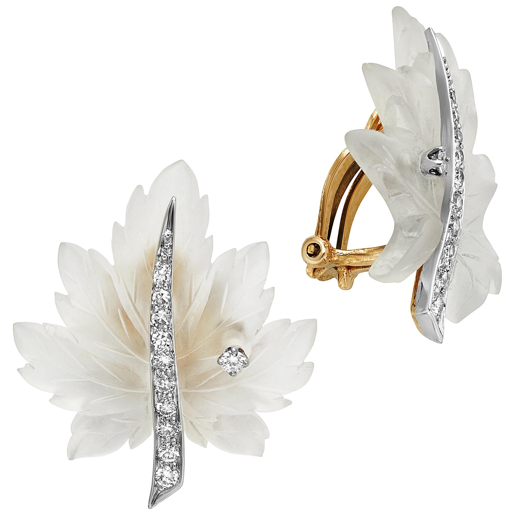 Tiffany & Co. 14 Karat Yellow Gold Diamond and Rock Crystal Leaf Earrings