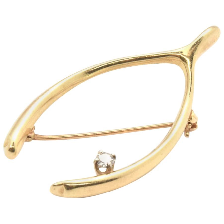 Tiffany & Co. 14 Karat Yellow Gold Diamond Wishbone Pin with Box