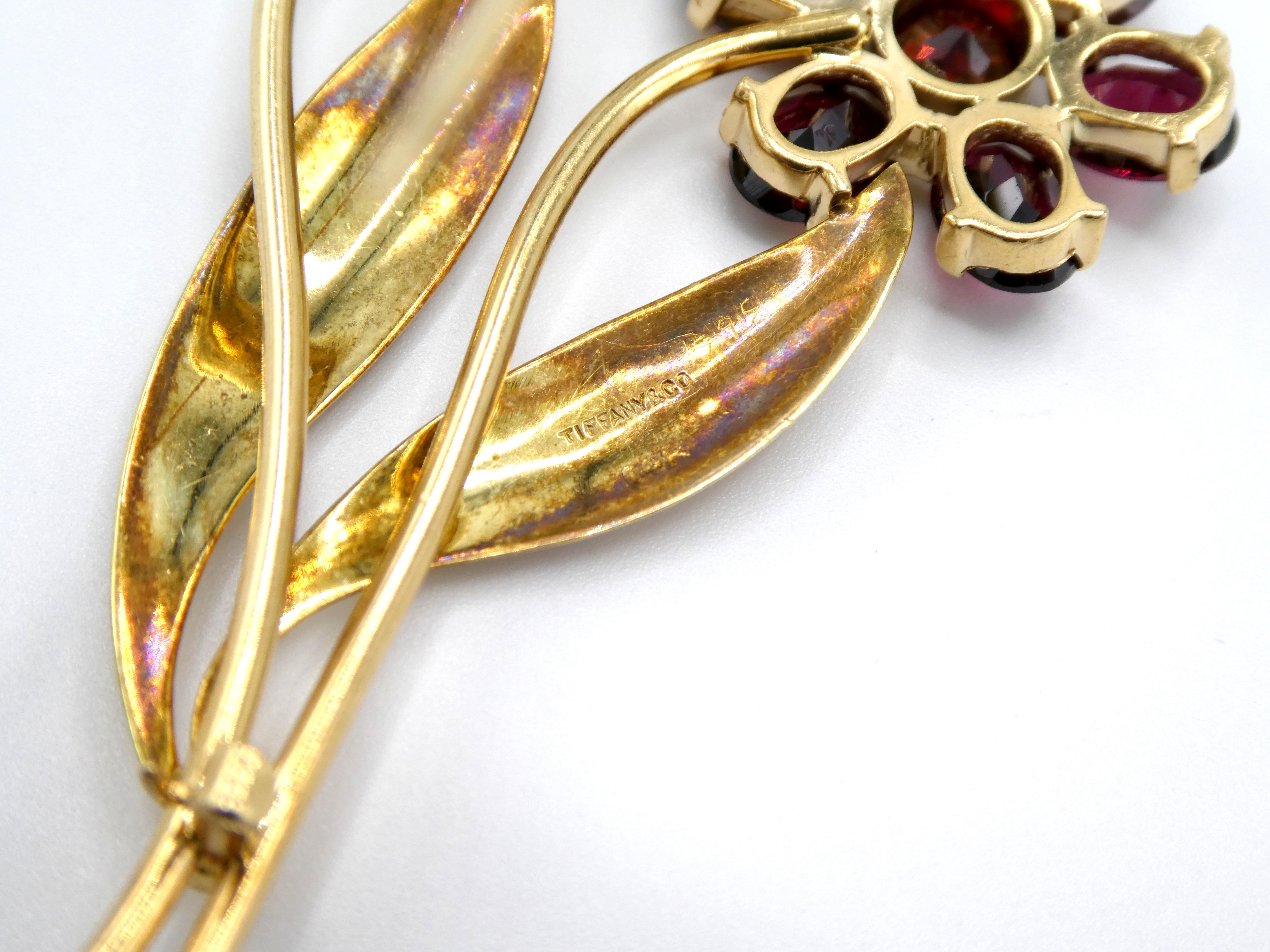 Oval Cut Tiffany & Co. 14 Karat Yellow Gold Garnet Flower Pin Brooch