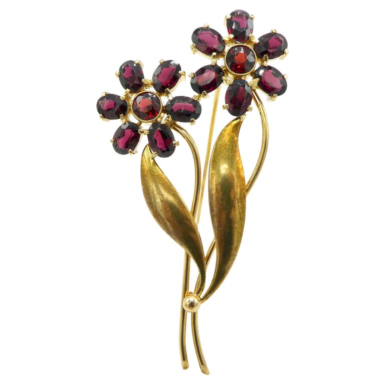 Tiffany and Co. 14 Karat Yellow Gold Garnet Flower Pin Brooch For Sale ...