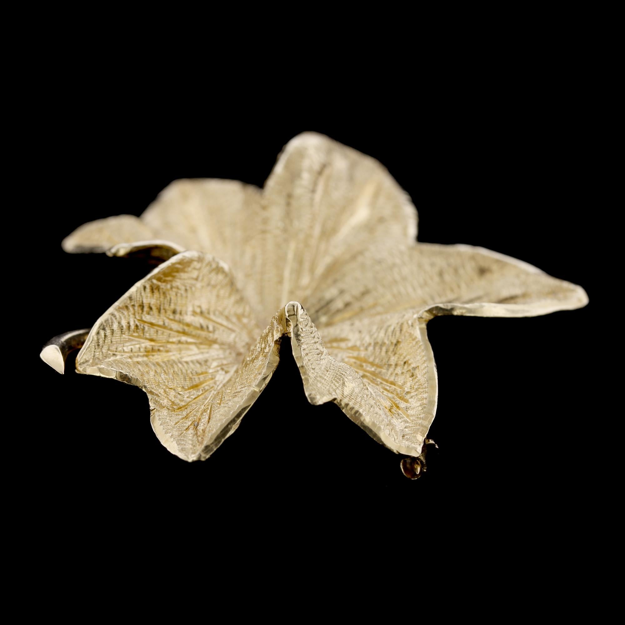 Tiffany & Co. 14K Yellow Gold Leaf Brooch. The pin is designed as a textured leaf, length 1 3/4