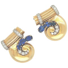 Tiffany & Co. 14 Karat Yellow Gold Retro Sapphire and Diamond Duet Dress Clips