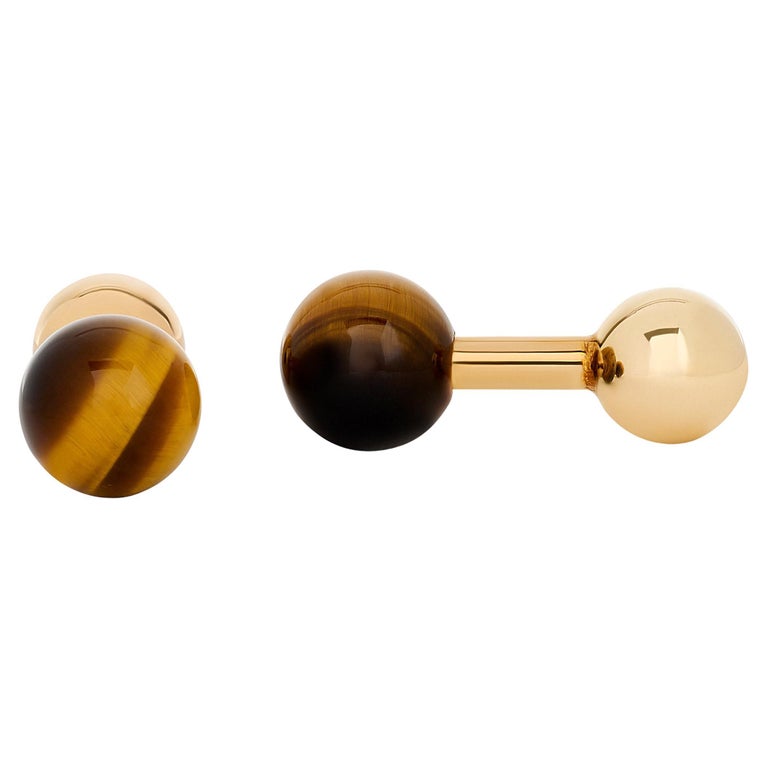 Boutons De Manchette En Or Jaune 18k Avec Pierre œil De Tigre - Accessoire élégant Pour Homme, Neuf Avec étiquettes