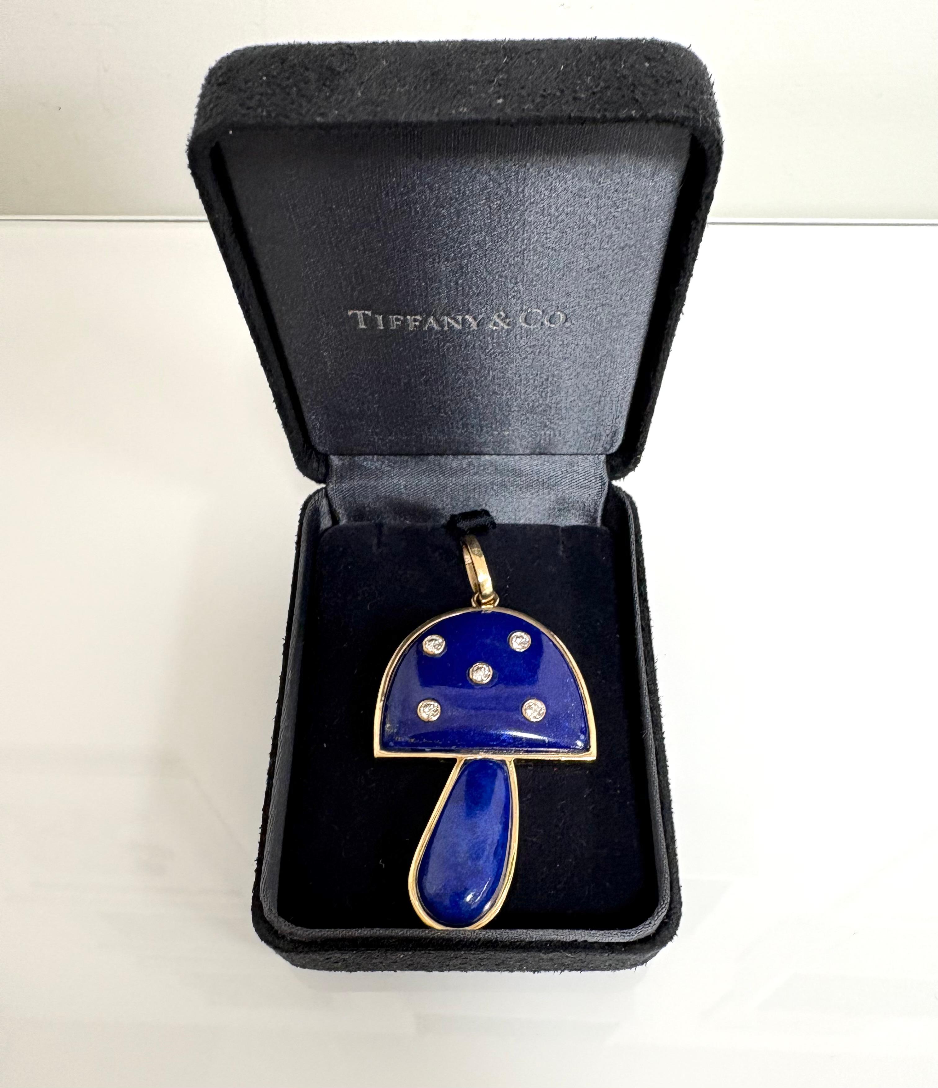 Tiffany & Co. 14 kt. Yellow Gold Lapis Diamond Mushroom Pendant In Excellent Condition For Sale In Rome, IT