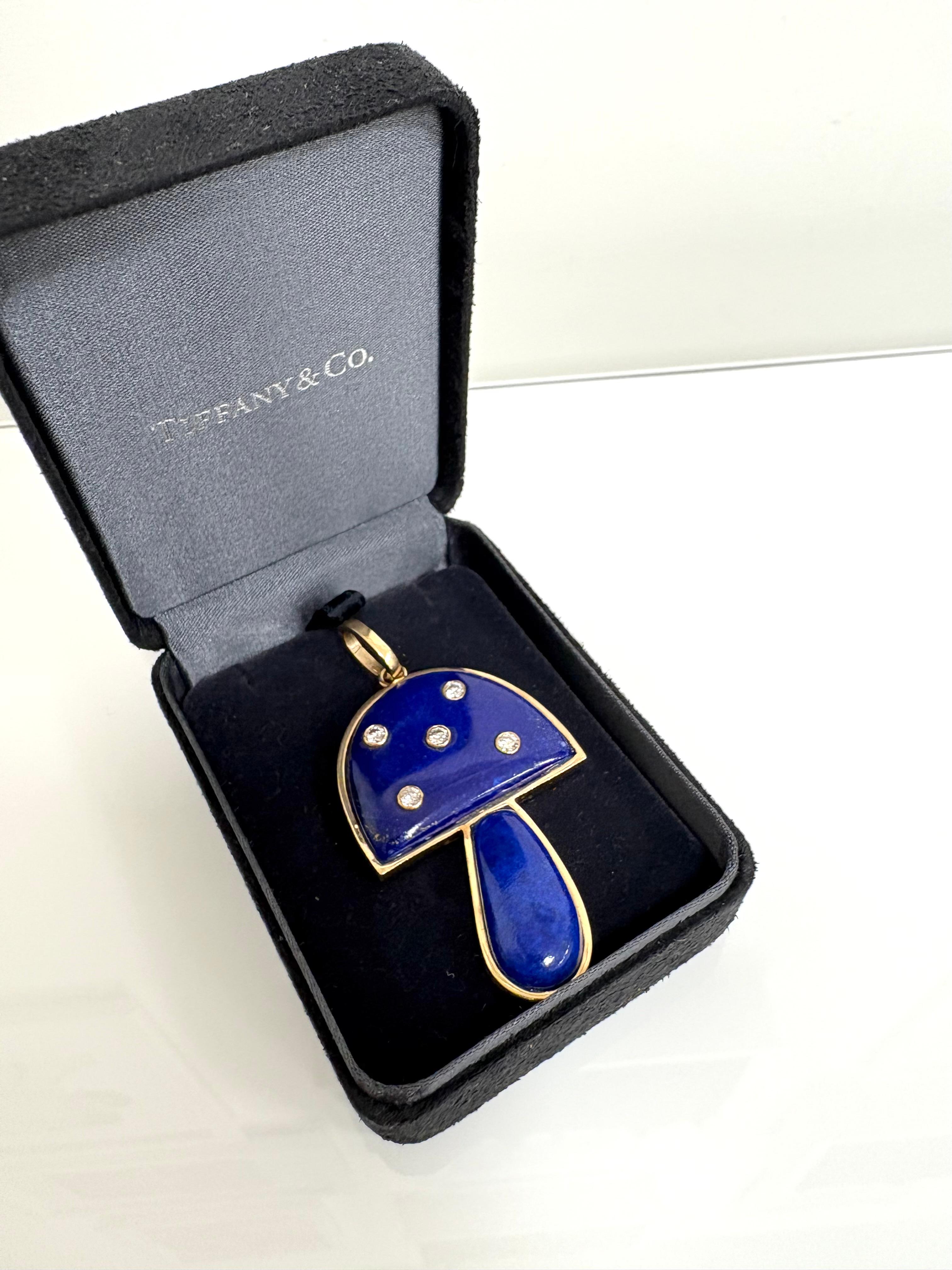 Women's or Men's Tiffany & Co. 14 kt. Yellow Gold Lapis Diamond Mushroom Pendant For Sale