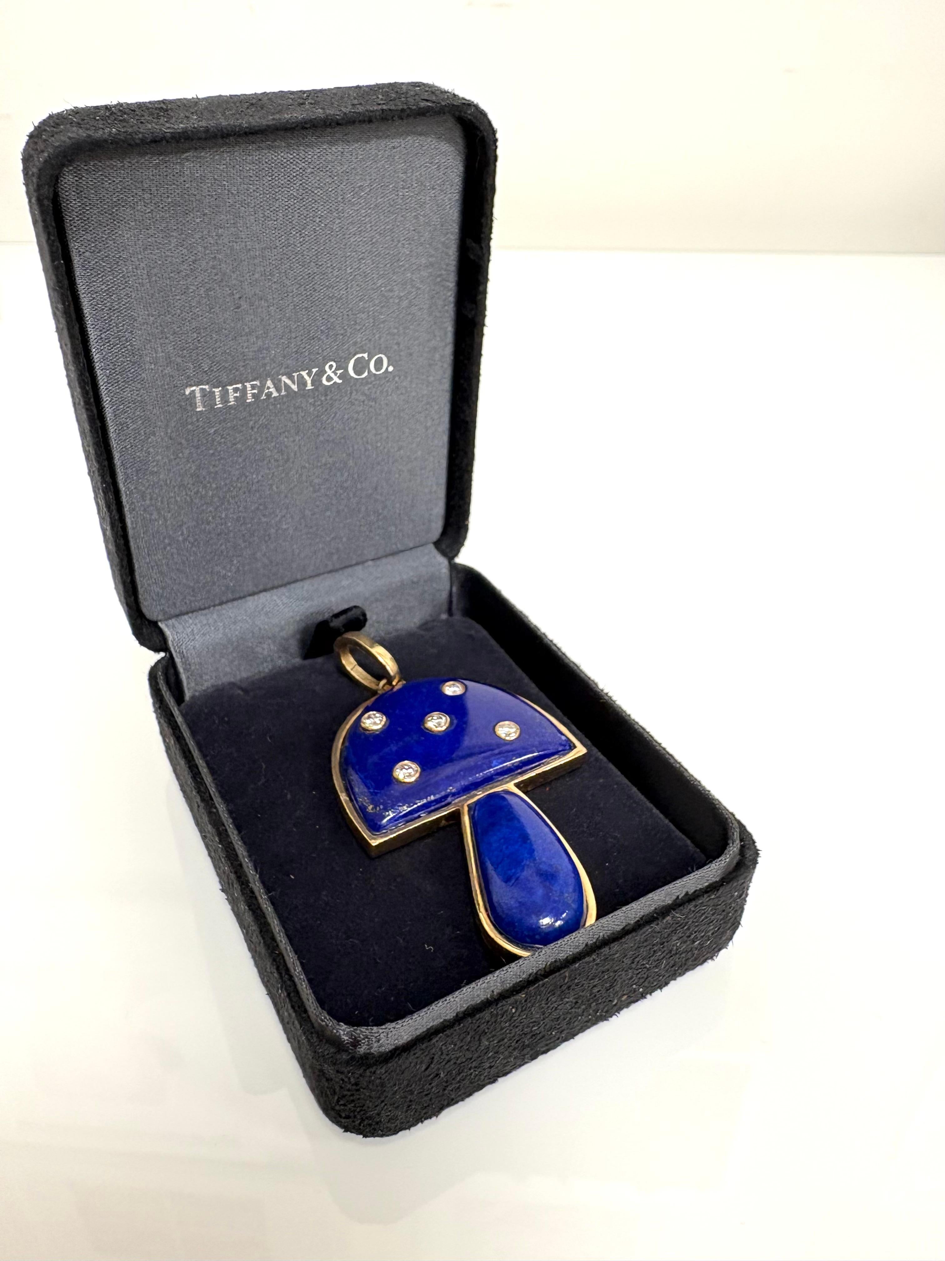 Tiffany & Co. 14 kt. Yellow Gold Lapis Diamond Mushroom Pendant For Sale 2