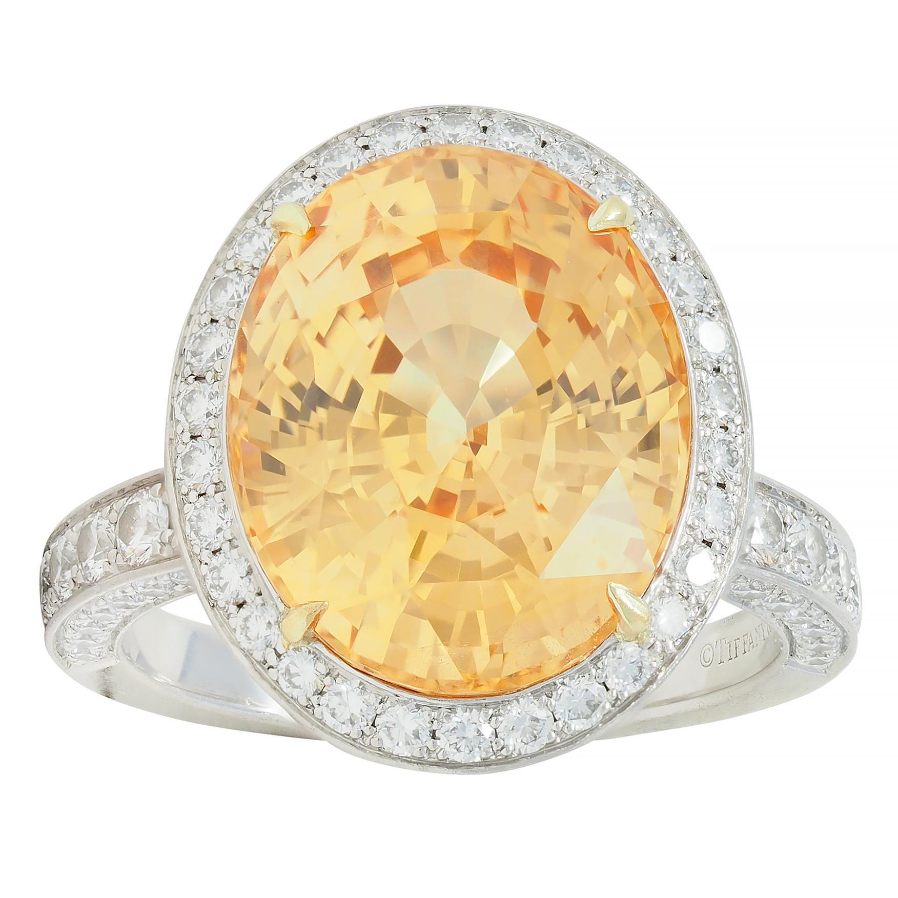 Tiffany & Co. 14.02 CTW No Heat Ceylon Golden Pink Sapphire Diamond Halo Ring 7