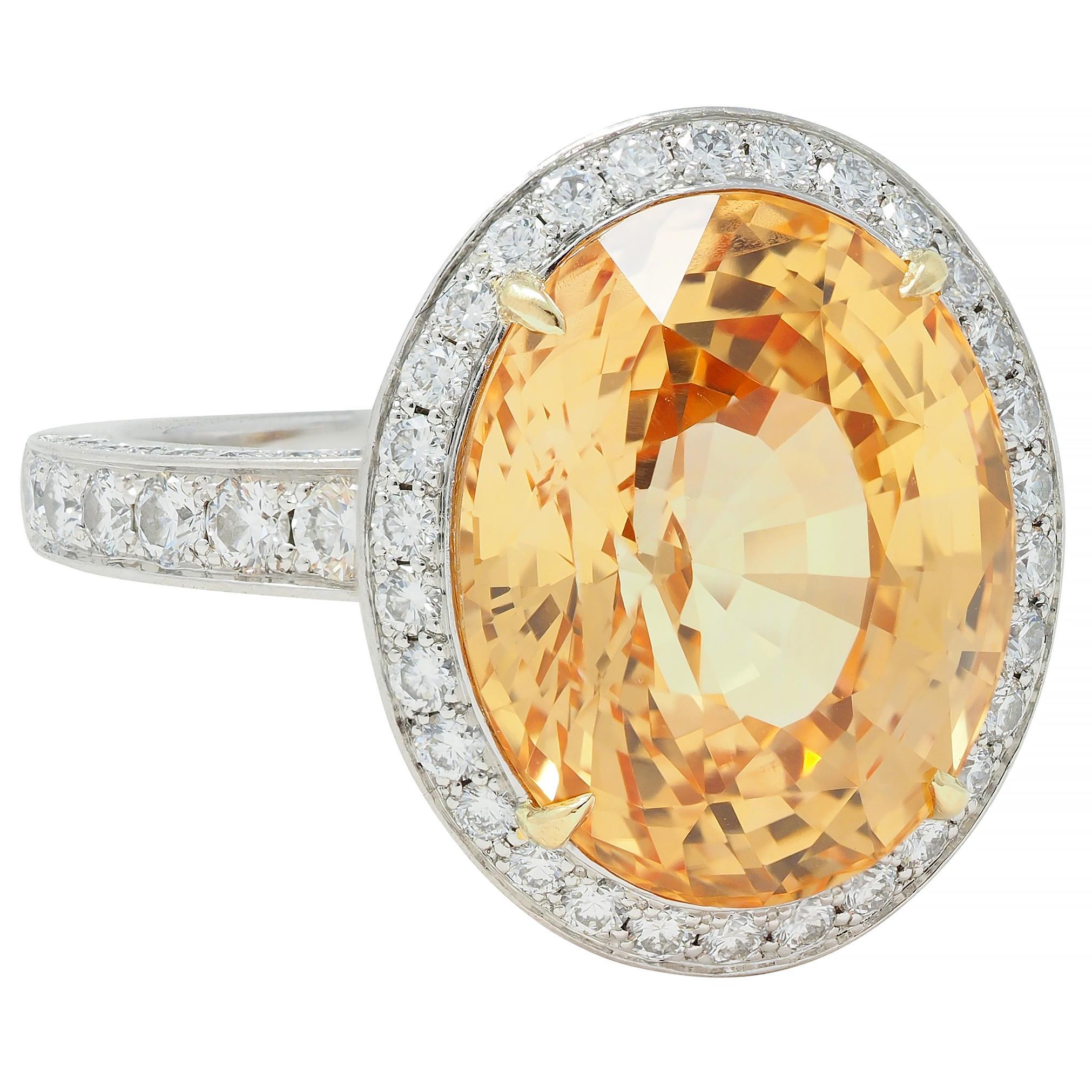 Tiffany & Co. 14.02 CTW No Heat Ceylon Golden Pink Sapphire Diamond Halo Ring In Excellent Condition In Philadelphia, PA
