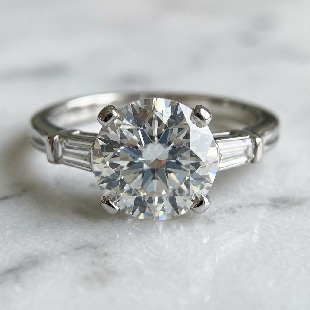 Cette exquise bague en platine de TIFFANY & CO. présente un diamant rond brillant de 1,45 carat certifié par la GIA, élégamment rehaussé par des pierres latérales baguettes effilées. Le diamant central est de couleur G et d'une pureté