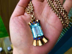 Tiffany & Co. 14 Karat Gold Aquamarine and Sapphire Pendant Necklace