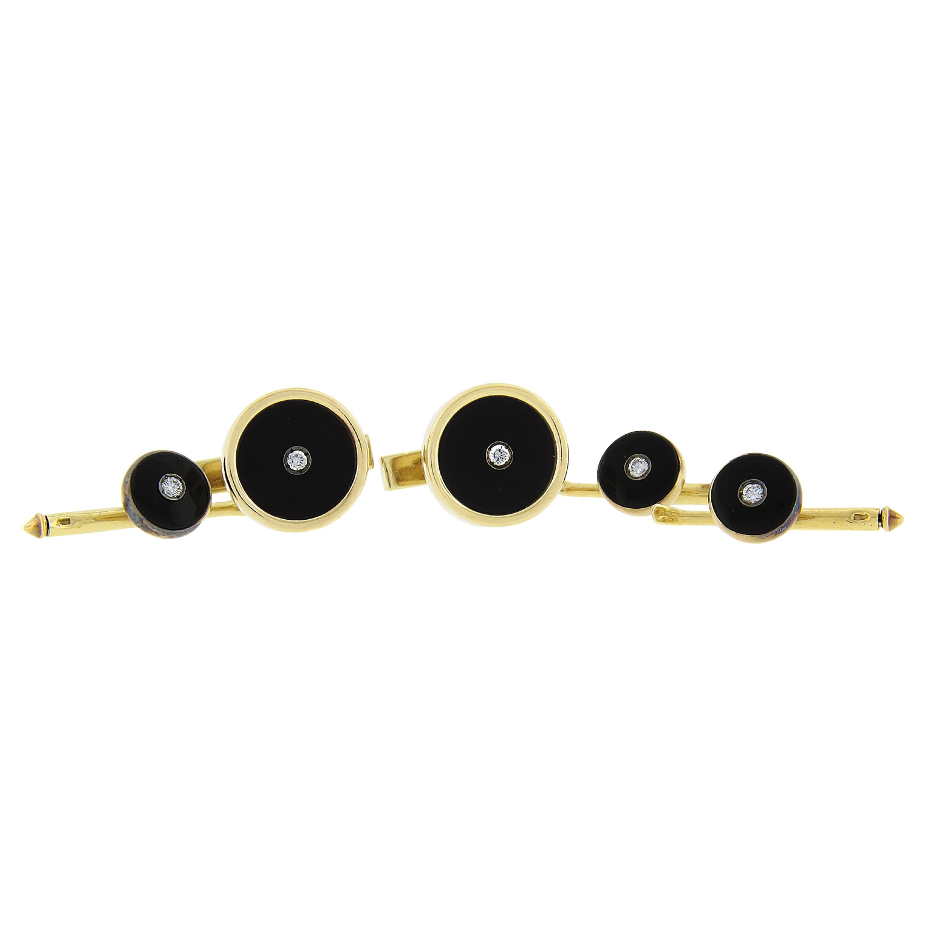 Tiffany & Co. 14k Gold Black Onyx Agate Diamond Cufflinks 3 Shirt Button Set For Sale
