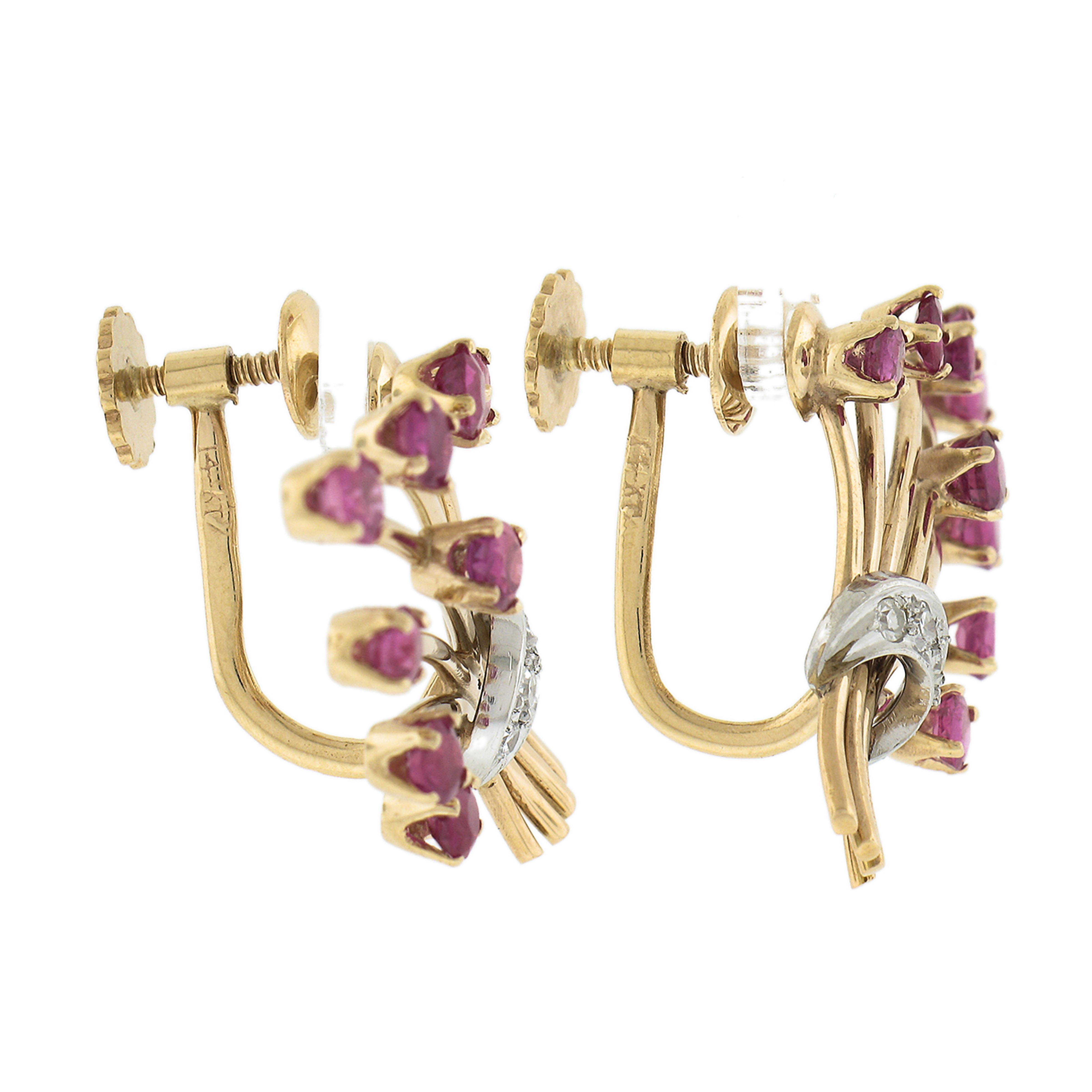 Round Cut Tiffany & Co. 14k Gold & Platinum Ruby & Diamond Bundle Flower Bouquet Earrings For Sale
