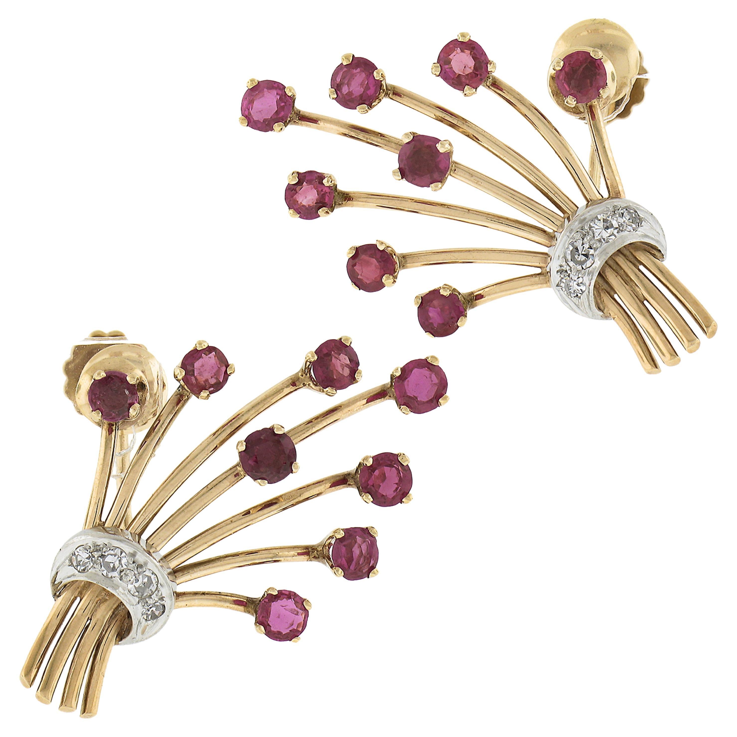 Tiffany & Co. 14k Gold & Platinum Ruby & Diamond Bundle Flower Bouquet Earrings For Sale