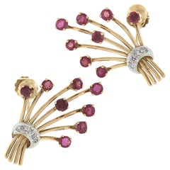 Tiffany & Co. 14k Gold & Platinum Ruby & Diamond Bundle Flower Bouquet Earrings
