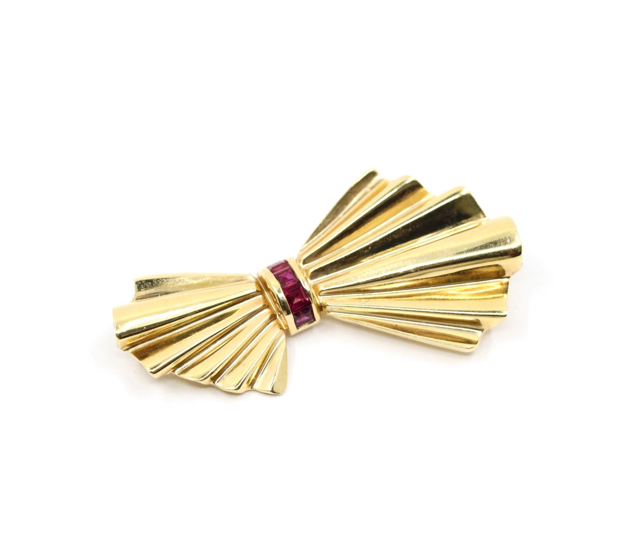 Tiffany & Co. 14K Gold Ruby Bow Clip Earrings & Brooch For Sale 8