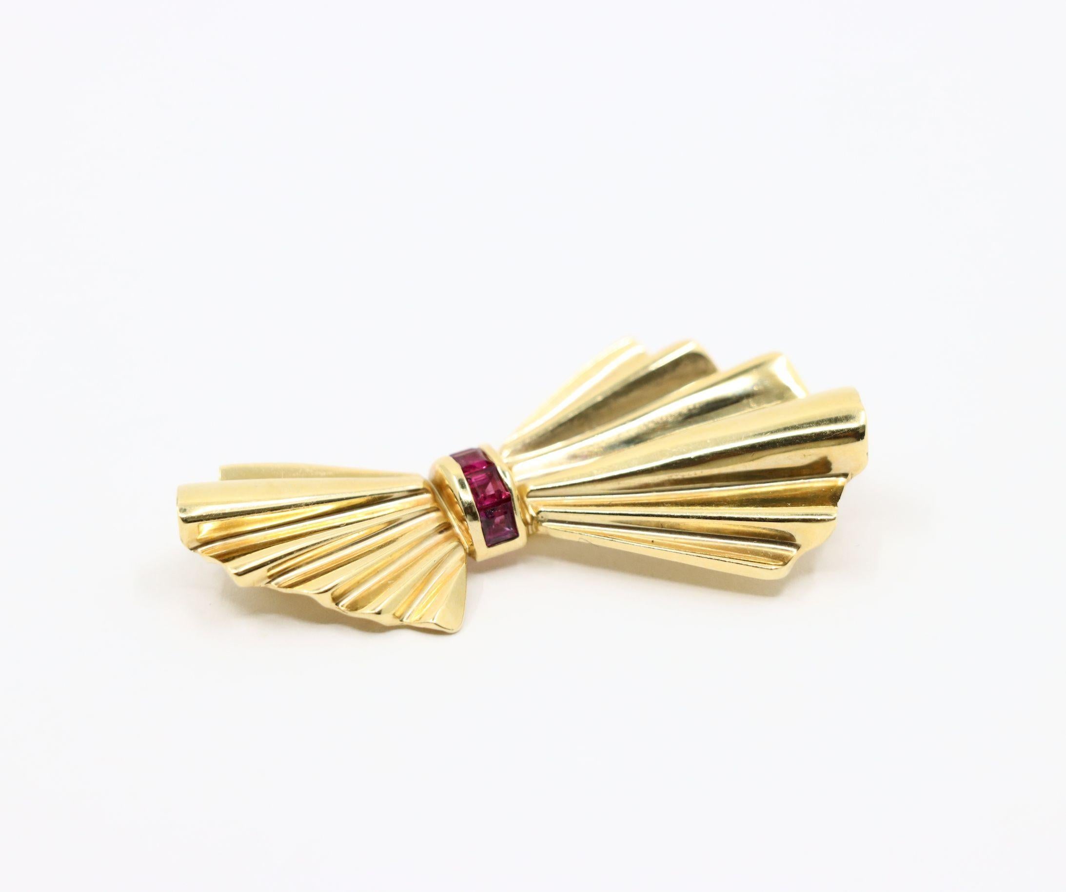 Tiffany & Co. 14K Gold Ruby Bow Clip Earrings & Brooch For Sale 9