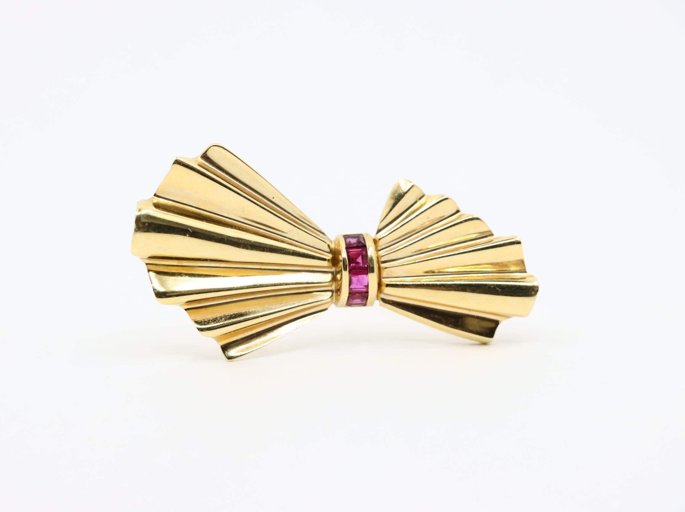 Tiffany & Co. 14K Gold Ruby Bow Clip Earrings & Brooch For Sale 14