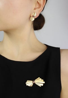 Tiffany & Co. 14K Gold Ruby Bow Clip Earrings & Brooch