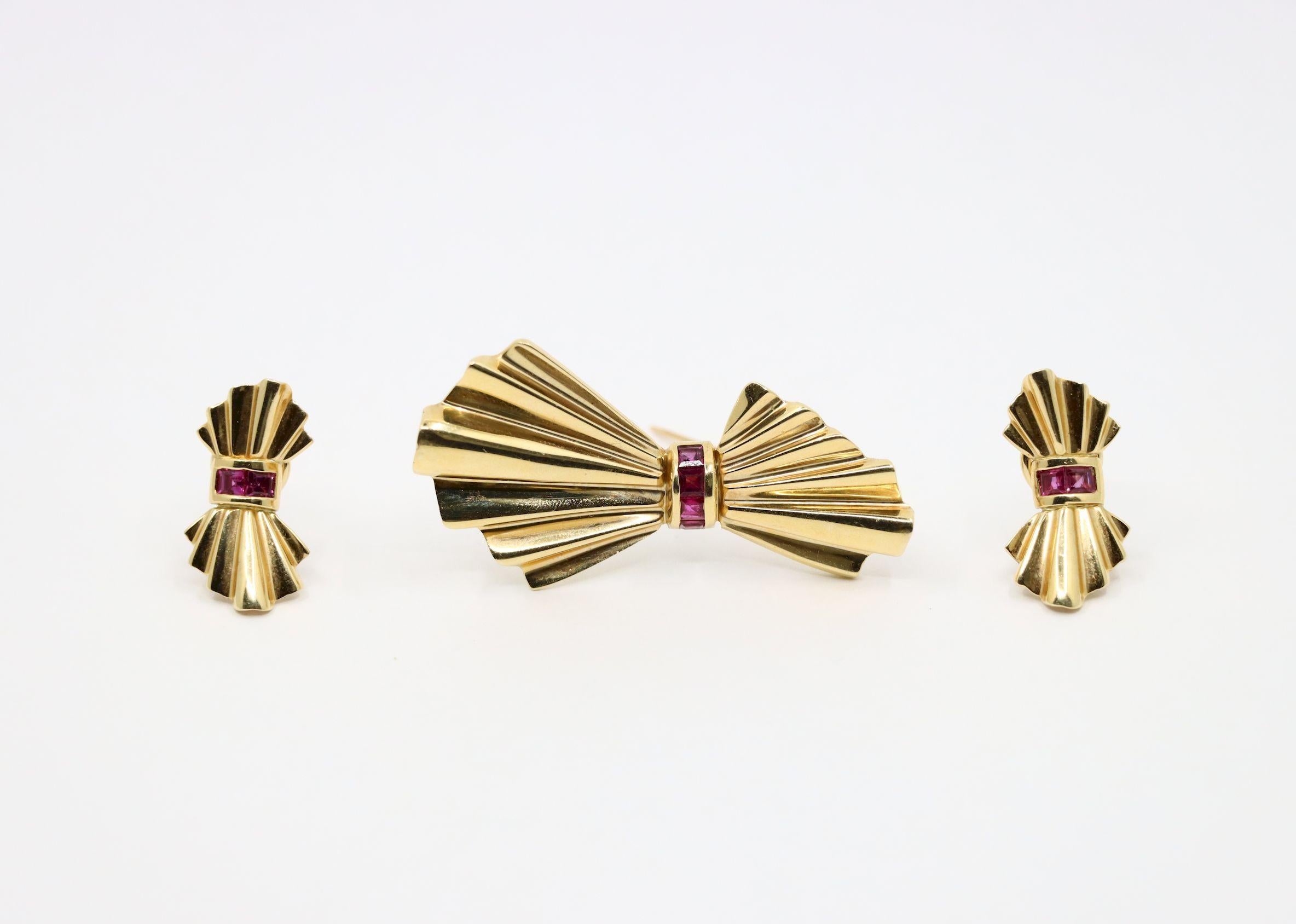 Tiffany & Co. 14K Gold Ruby Bow Clip Earrings & Brooch For Sale 15