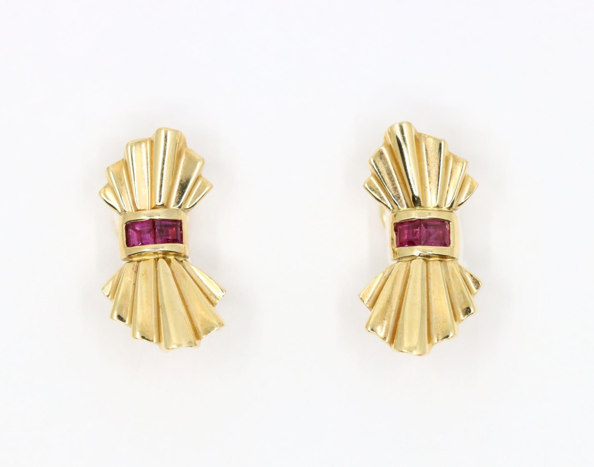 Women's Tiffany & Co. 14K Gold Ruby Bow Clip Earrings & Brooch For Sale