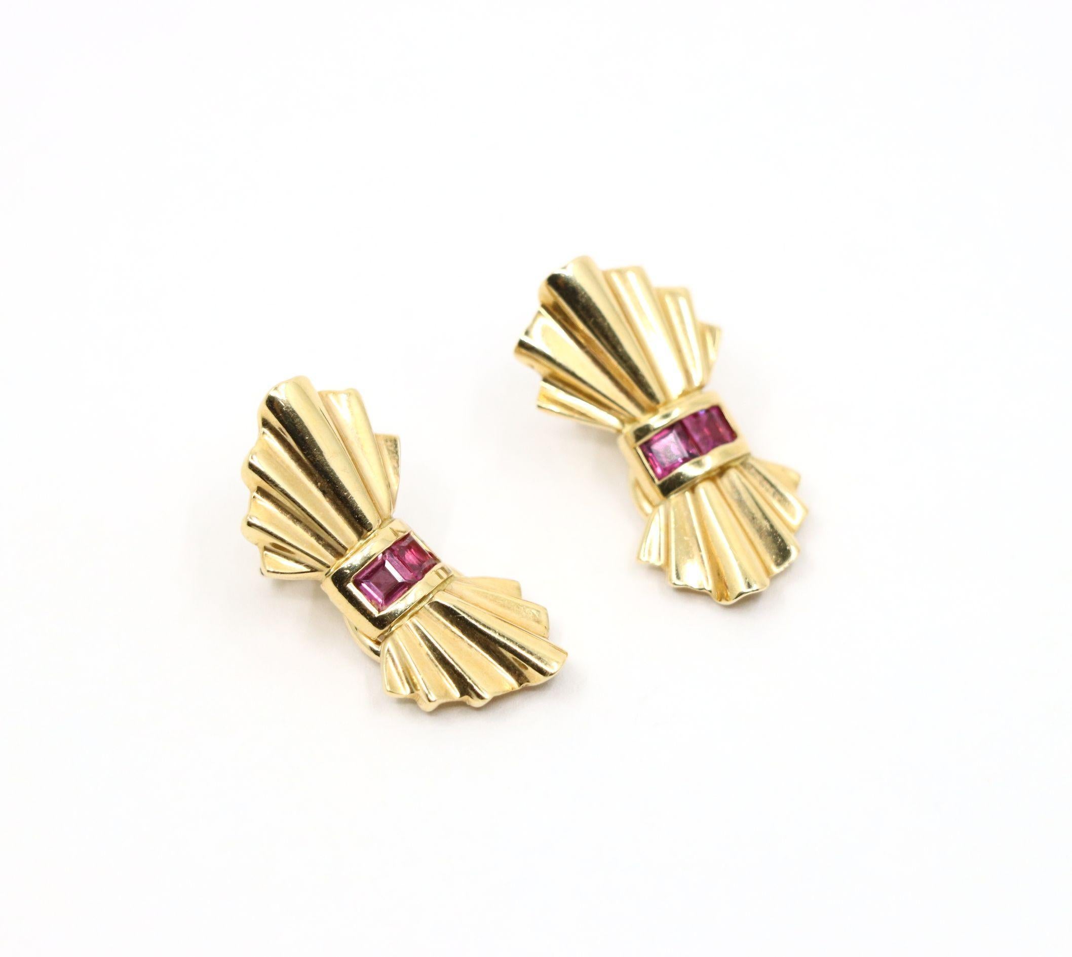 Tiffany & Co. 14K Gold Ruby Bow Clip Earrings & Brooch For Sale 3
