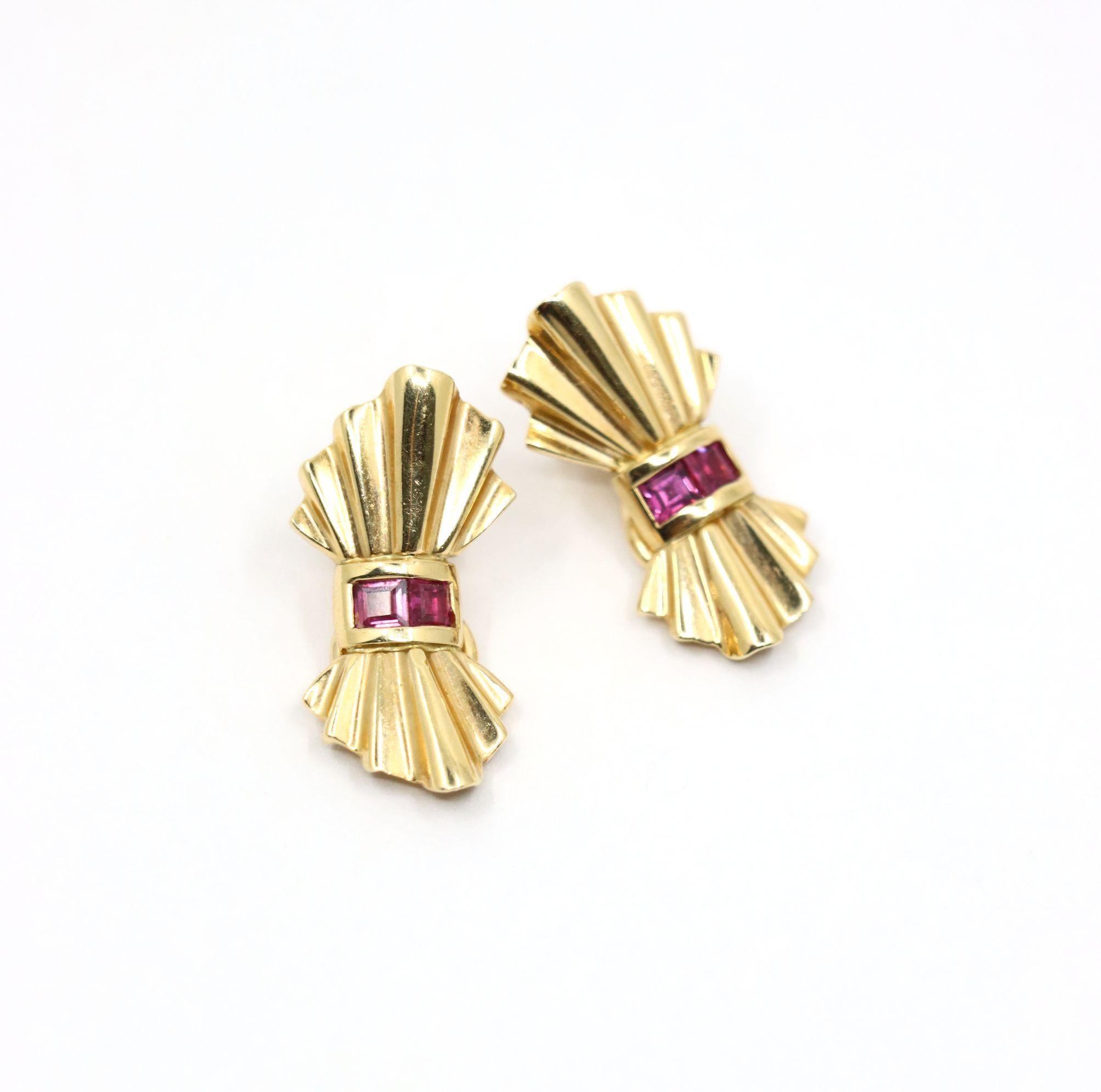 Tiffany & Co. 14K Gold Ruby Bow Clip Earrings & Brooch For Sale 4