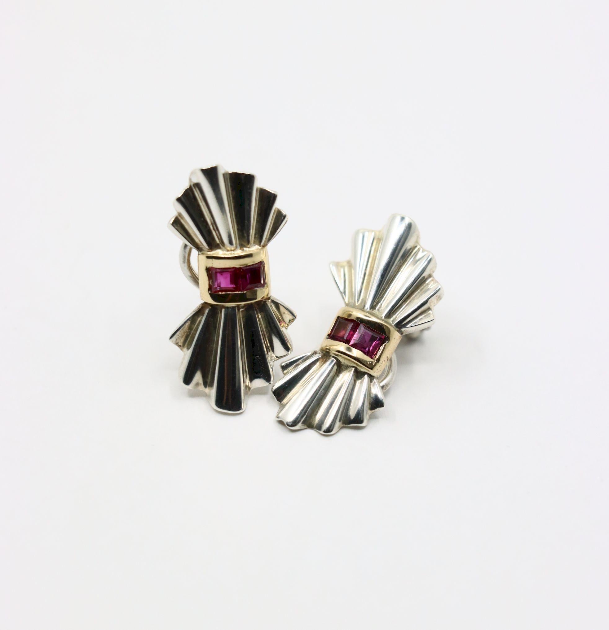 Tiffany & Co. 14K Gold Silver Ruby Bow Clip Earrings For Sale 5