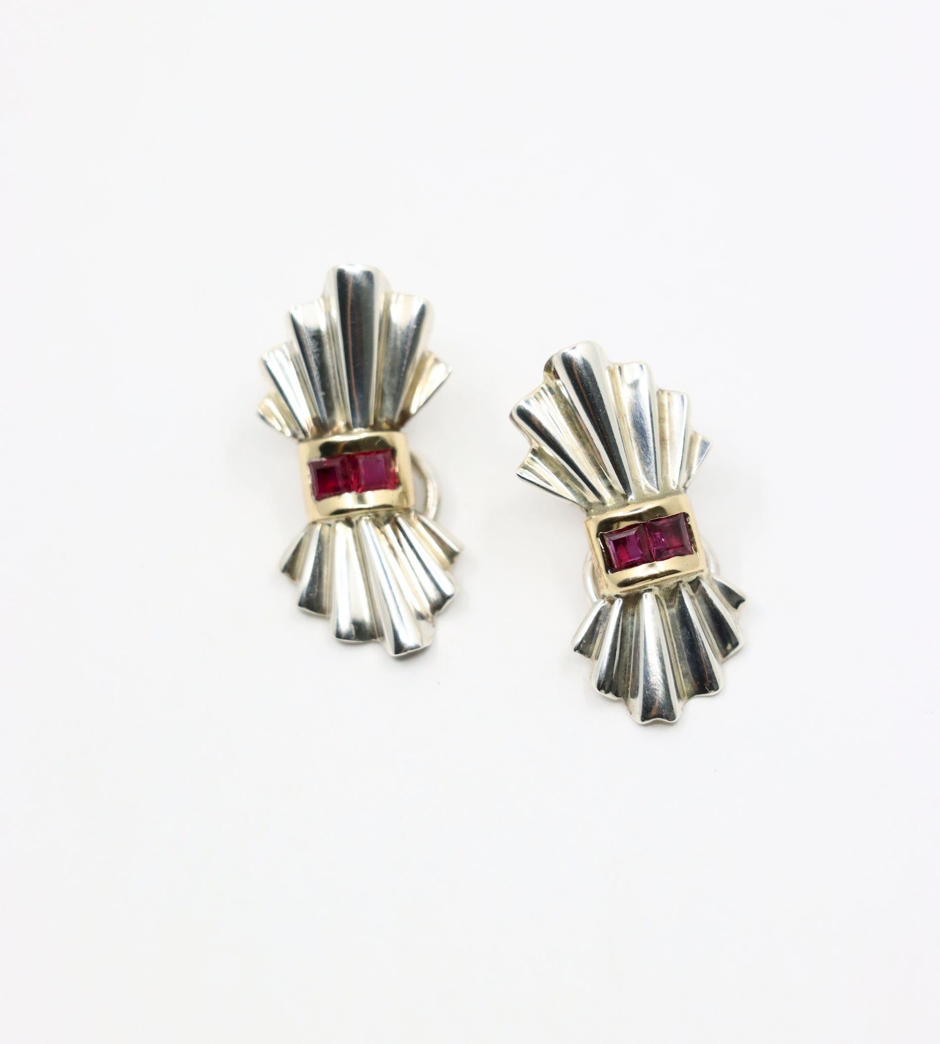 Square Cut Tiffany & Co. 14K Gold Silver Ruby Bow Clip Earrings For Sale