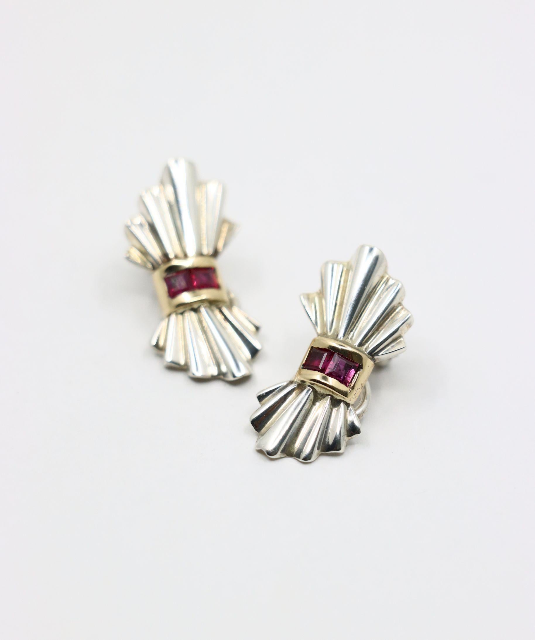Women's Tiffany & Co. 14K Gold Silver Ruby Bow Clip Earrings For Sale