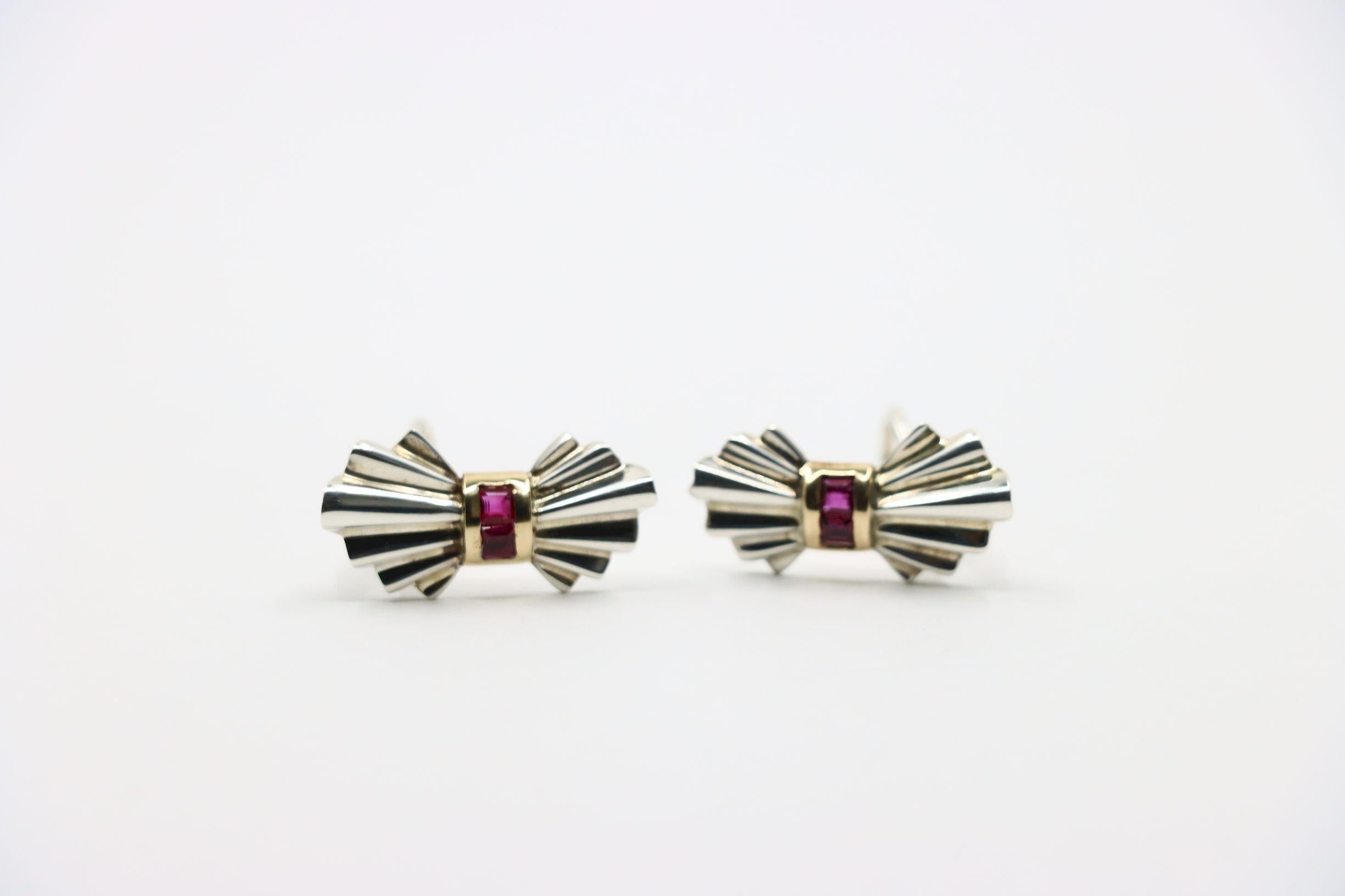 Tiffany & Co. 14K Gold Silver Ruby Bow Clip Earrings For Sale 4