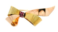 Tiffany & Co. 14k Rose Green Gold Square Step Cut Ruby Ribbon Bow Pin Brooch