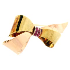 Tiffany & Co. 14k Rose Green Gold Square Step Cut Ruby Ribbon Bow Pin Brooch