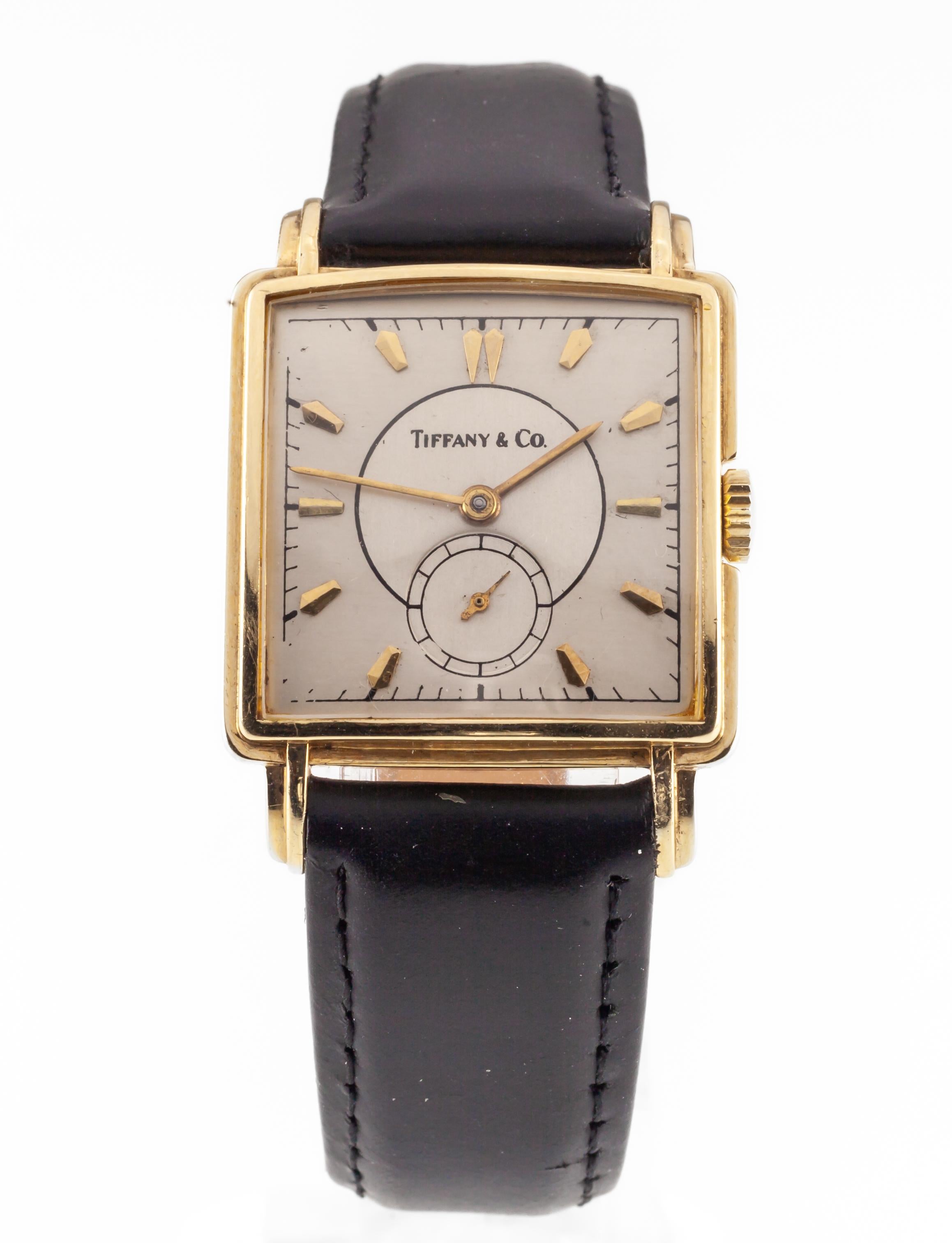 Tiffany & Co. 14k Quadratische Vintage Hand-Winding-Uhr mit Lederband und Schachtel (Moderne) im Angebot