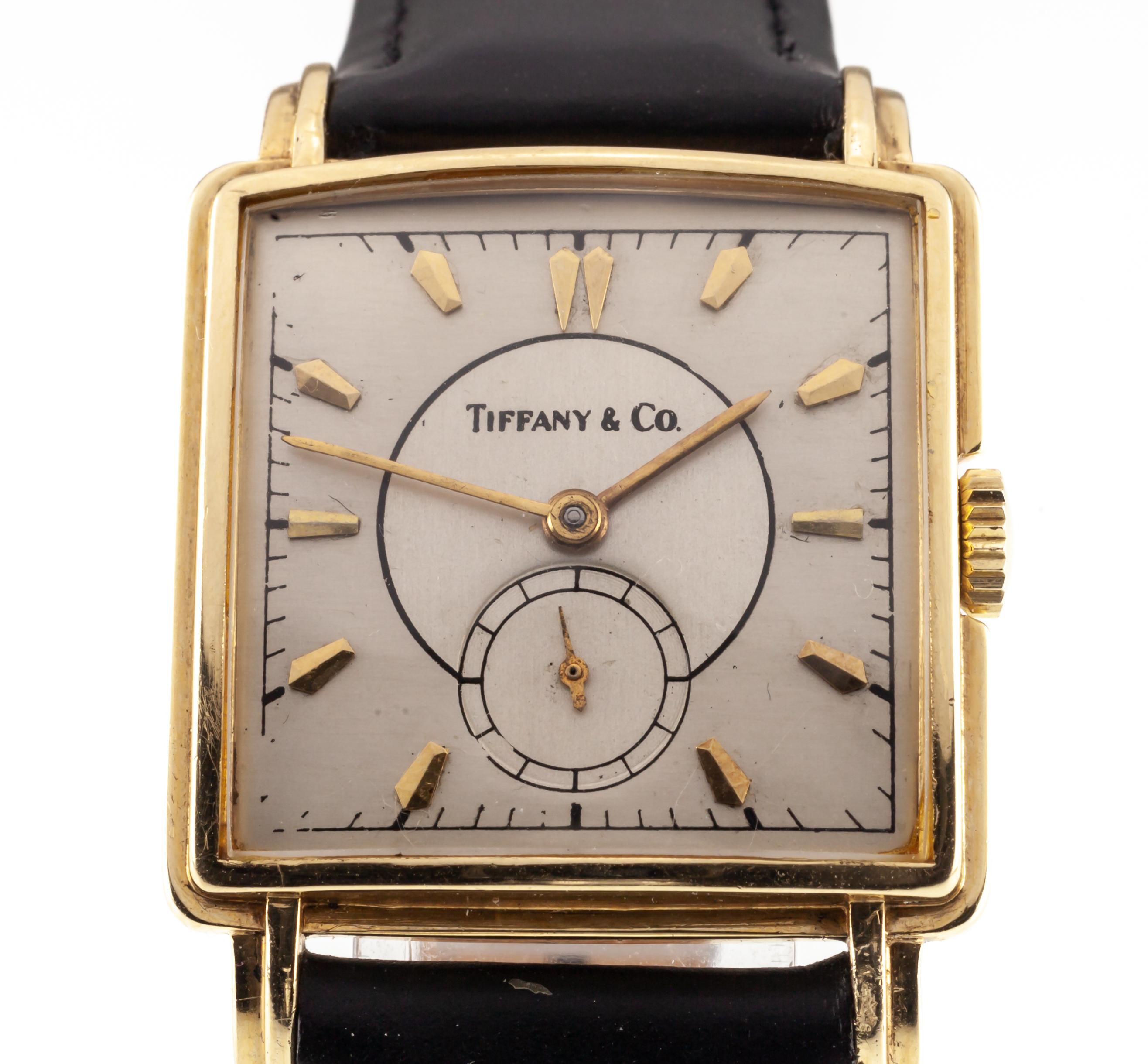 Tiffany & Co. 14k Quadratische Vintage Hand-Winding-Uhr mit Lederband und Schachtel im Zustand „Gut“ im Angebot in Sherman Oaks, CA