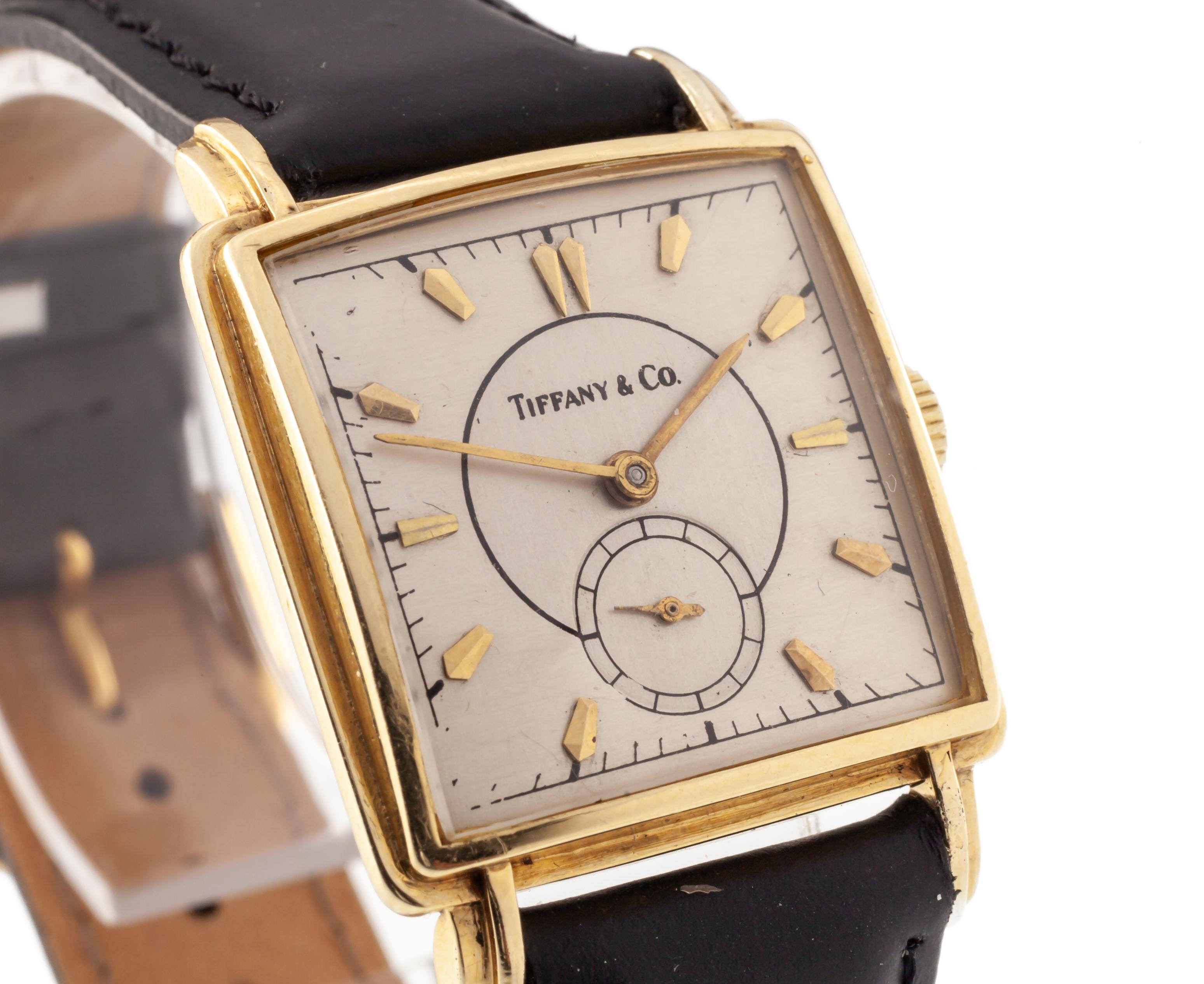 Tiffany & Co. 14k Quadratische Vintage Hand-Winding-Uhr mit Lederband und Schachtel im Angebot 1