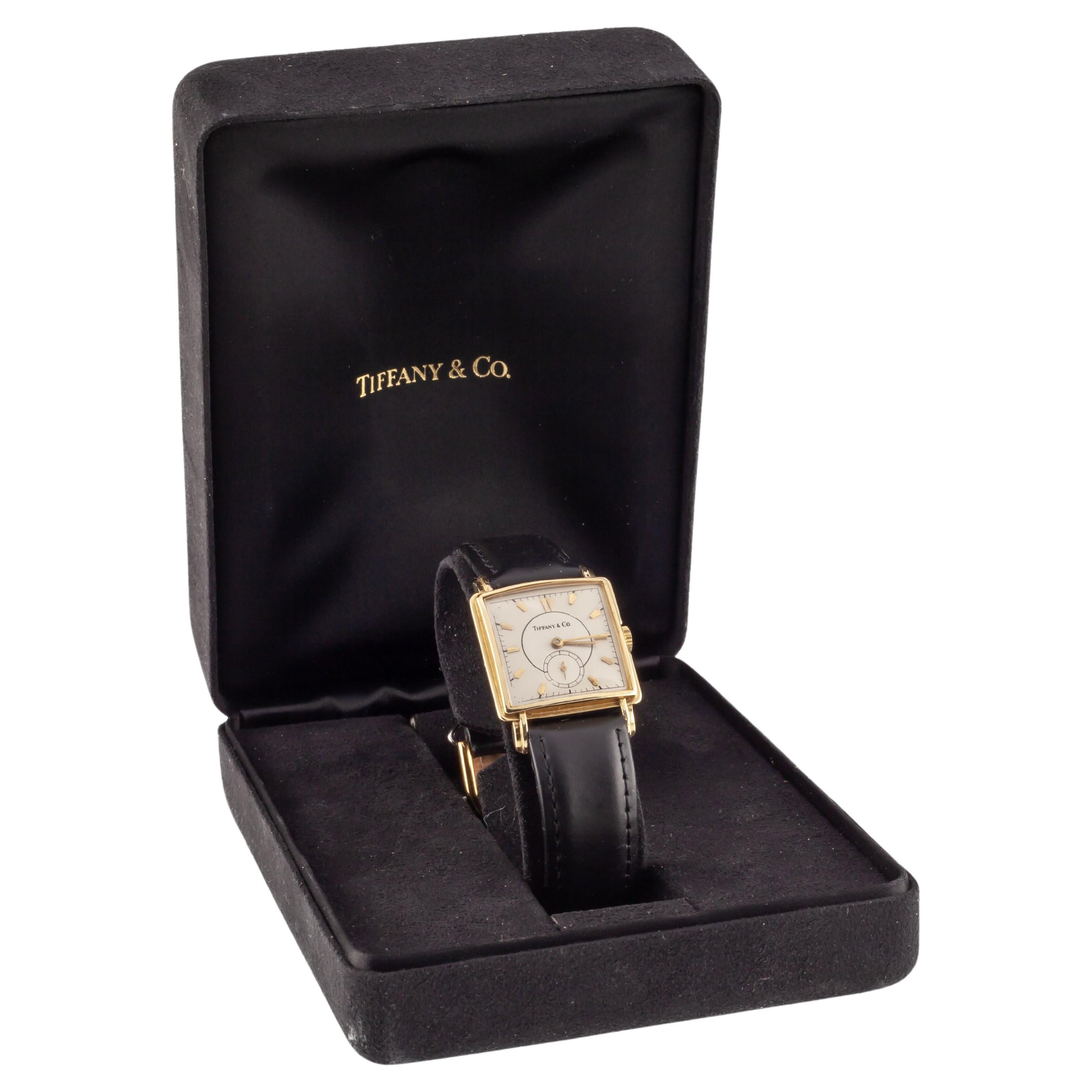 Tiffany & Co. 14k Quadratische Vintage Hand-Winding-Uhr mit Lederband und Schachtel im Angebot