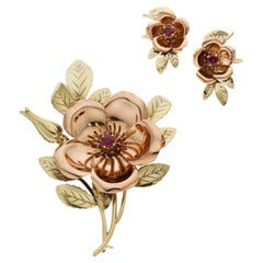 Tiffany & Co. 14k Two-Tone Gold Brooch & Earring Floral Set w/ 1.30 Carat Rubies