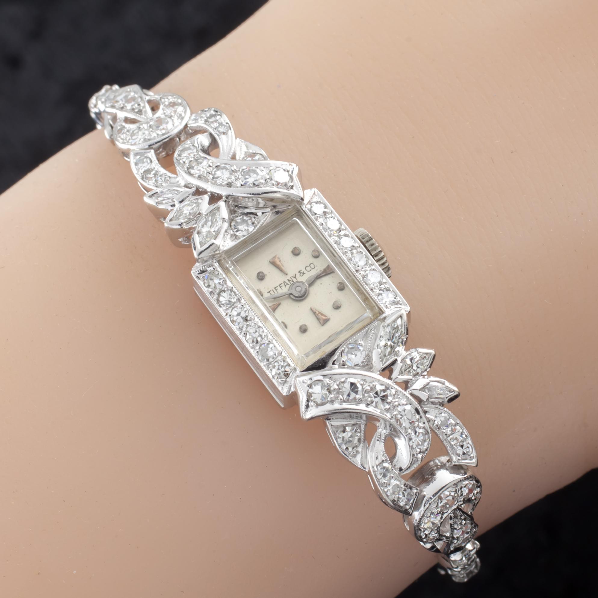 Includes 17-Jewel Hilton Watch Co. Hand-Winding Movement
Total Diamond Weight = Appx 5 carats
Average Color = G
Average Clarity = VS
14k White Gold Case
14 mm Wide (15 mm w/ Crown)
Lug-to-Lug Distance = 4 mm
Lug-to-Lug Length = 43 mm
Thickness = 9