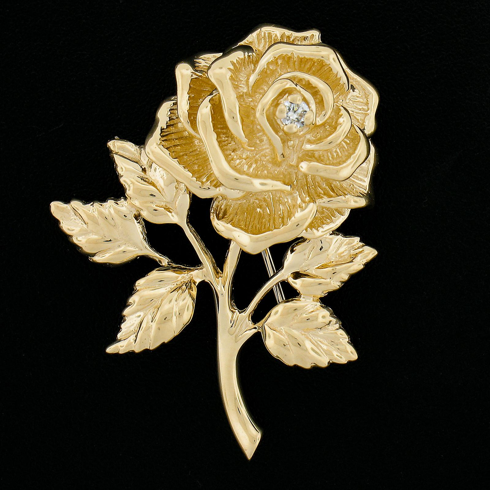 Round Cut Tiffany & Co. 14K Yellow Gold 0.04ct Diamond 3D Detailed Rose Flower Pin Brooch For Sale